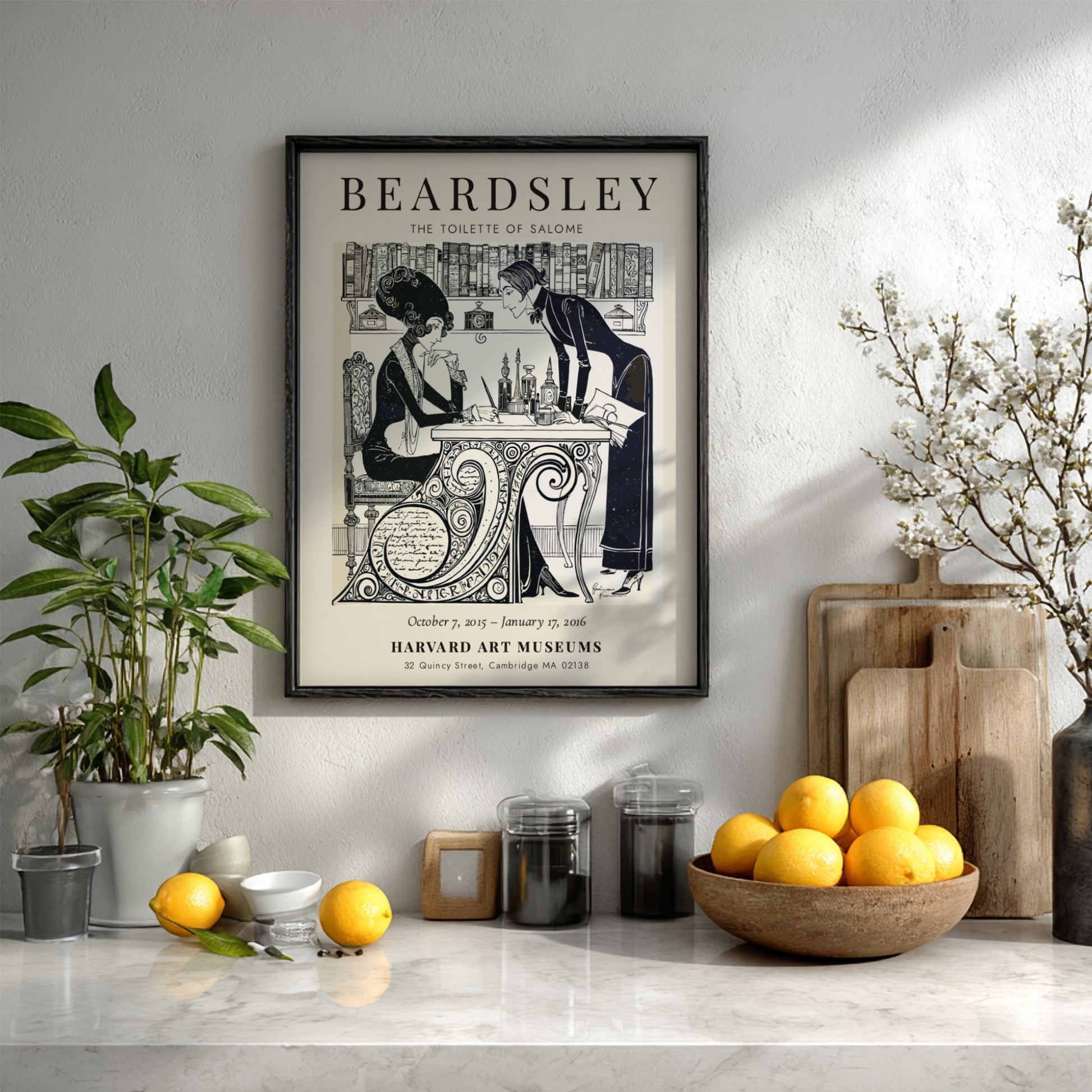 Aubrey Beardsley poster featuring The Toilette of Salome with intricate black and white design elements