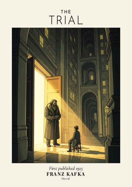 Poster of The Trial by Franz Kafka featuring a man sitting near doorway