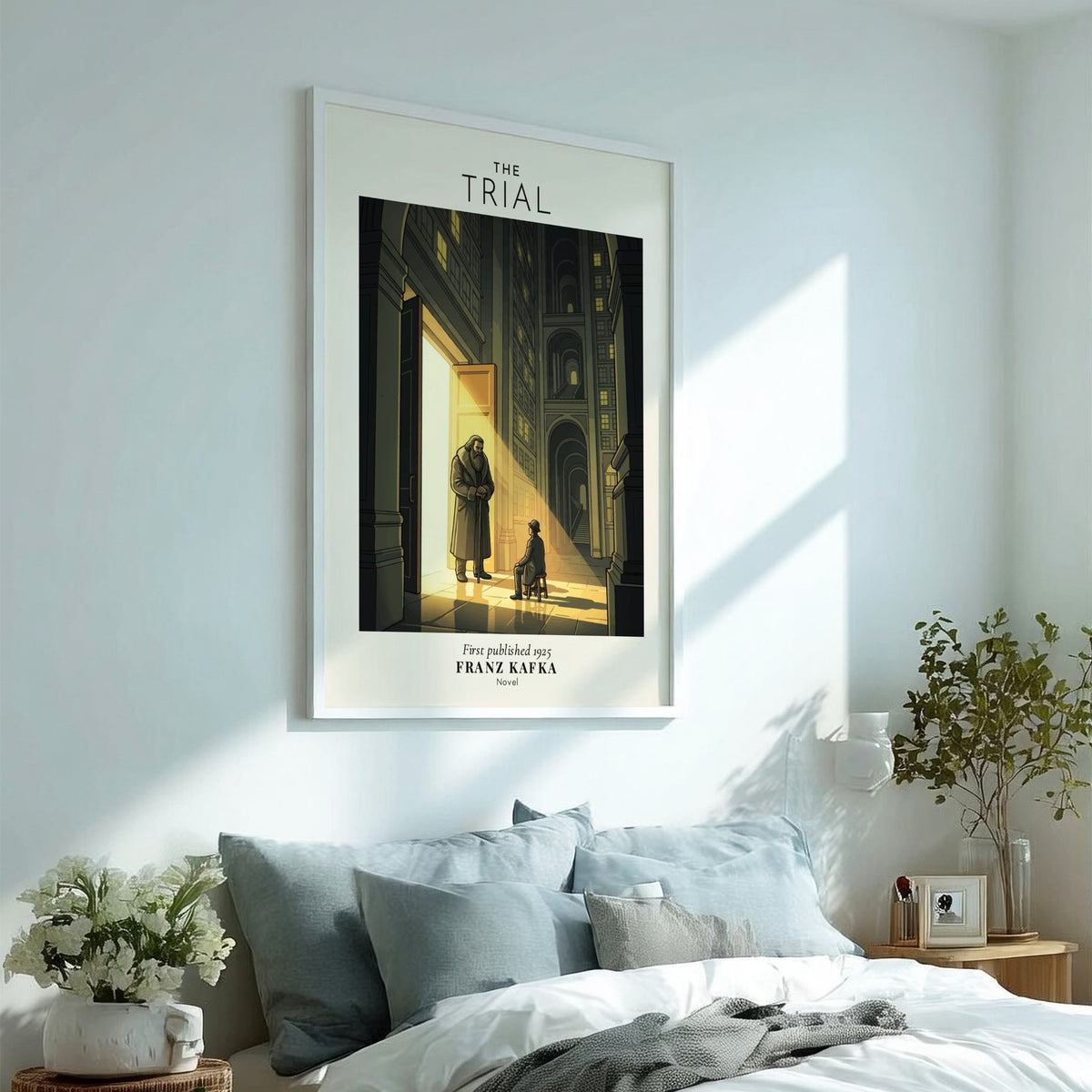Poster of The Trial by Franz Kafka featuring a man sitting near doorway