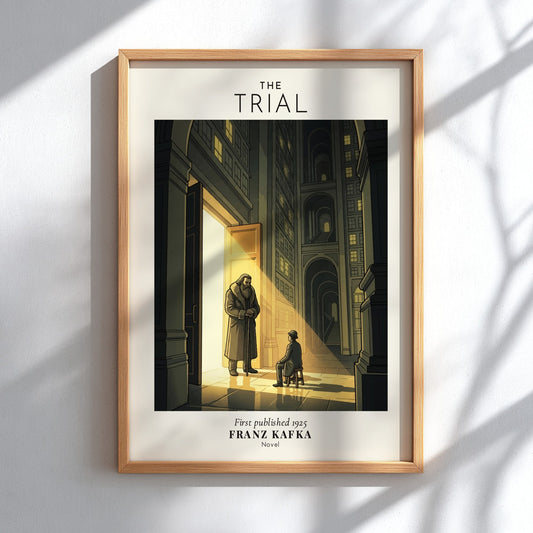 Poster of The Trial by Franz Kafka featuring a man sitting near doorway