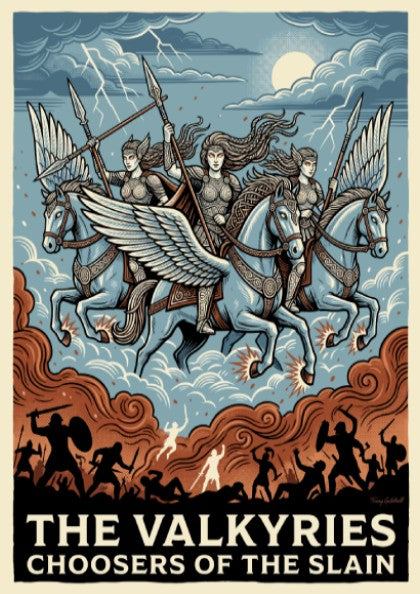 Poster of three winged Valkyries riding horses above a battlefield under stormy skies.