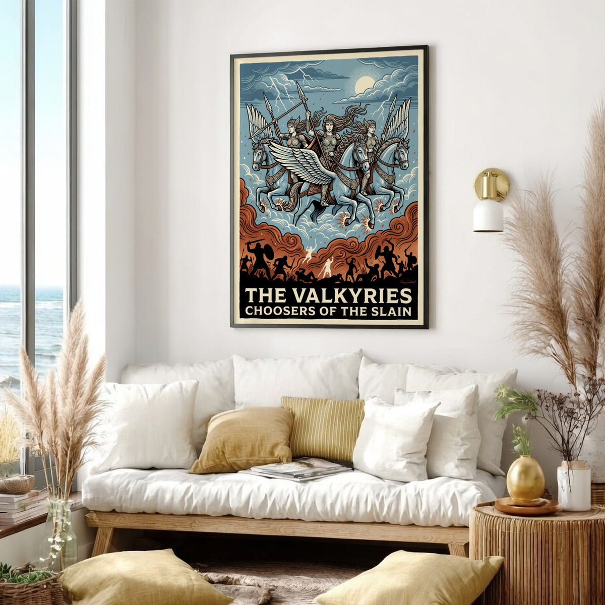 Poster of three winged Valkyries riding horses above a battlefield under stormy skies.