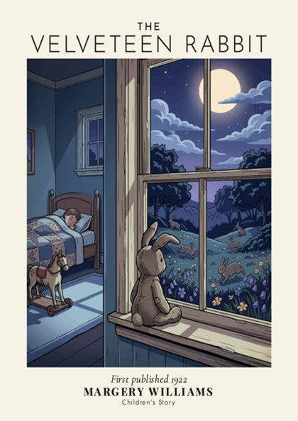 Poster featuring The Velveteen Rabbit toy looking at real rabbits outside a moonlit window.