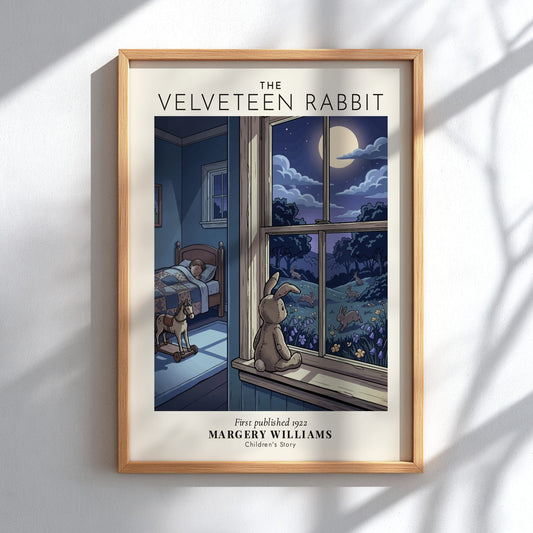 Poster featuring The Velveteen Rabbit toy looking at real rabbits outside a moonlit window.