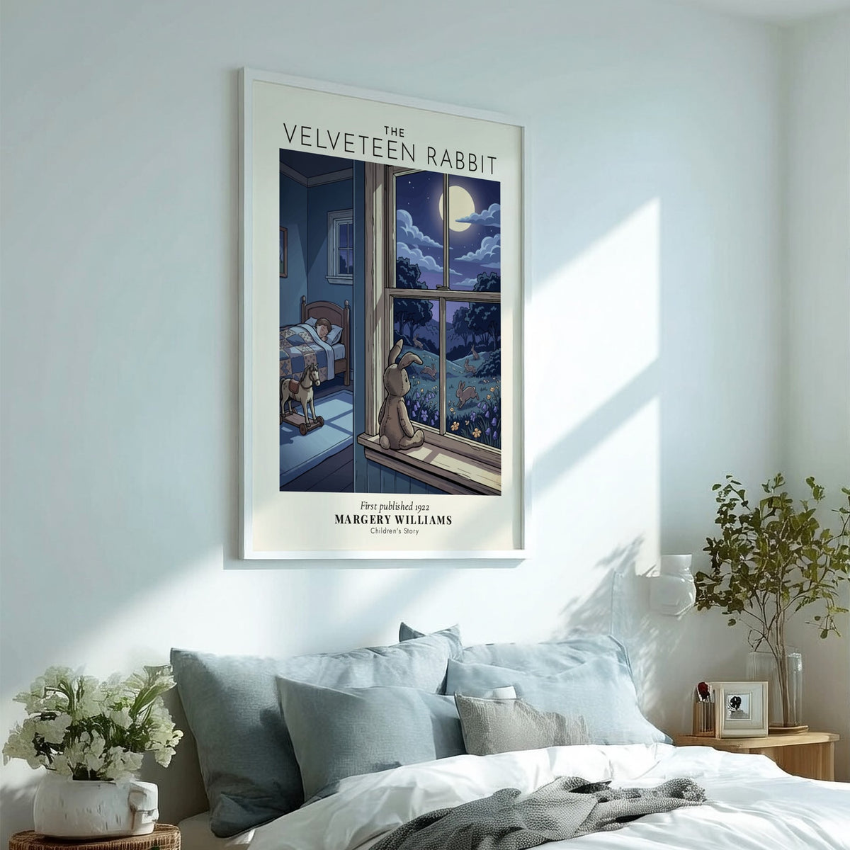 Poster featuring The Velveteen Rabbit toy looking at real rabbits outside a moonlit window.