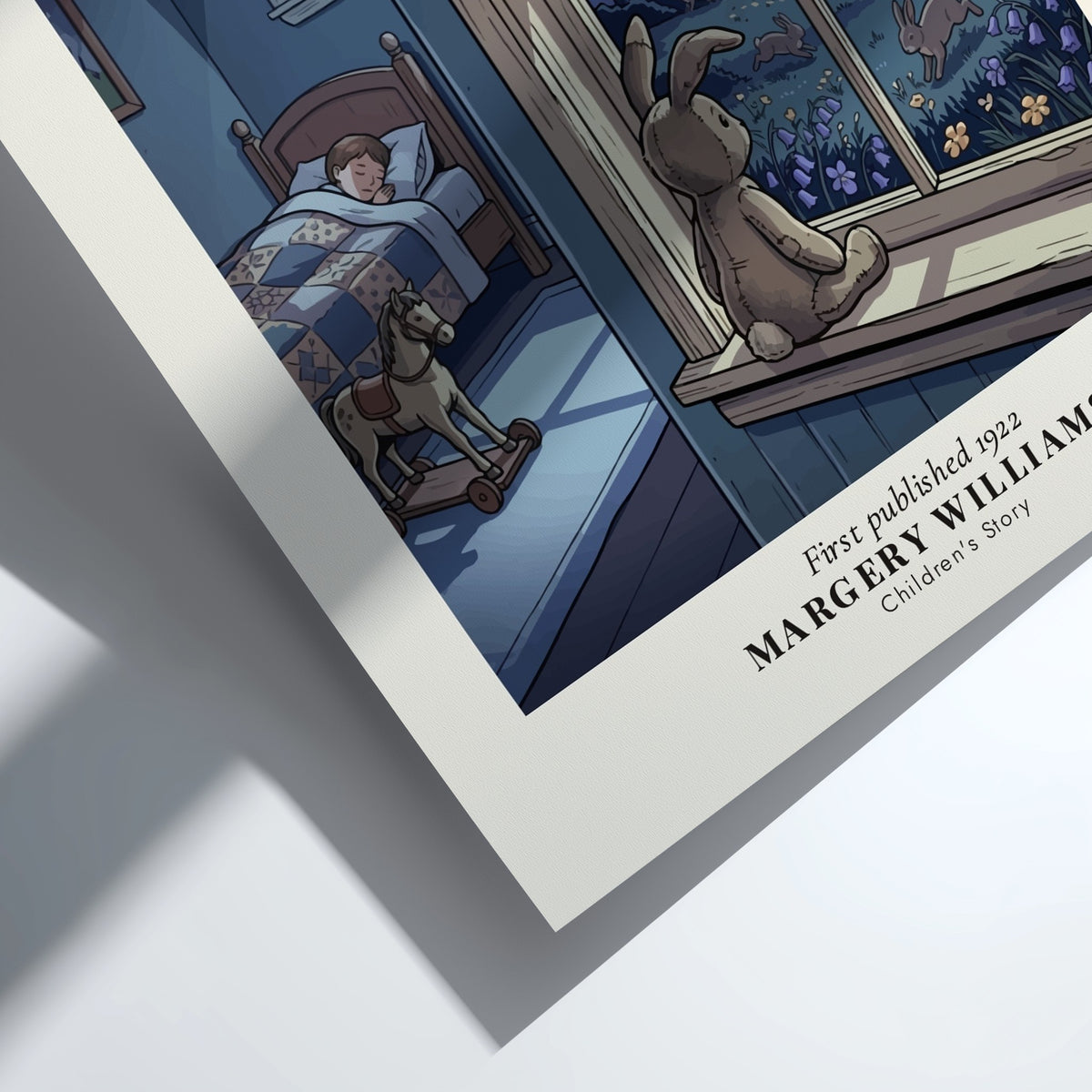Poster featuring The Velveteen Rabbit toy looking at real rabbits outside a moonlit window.