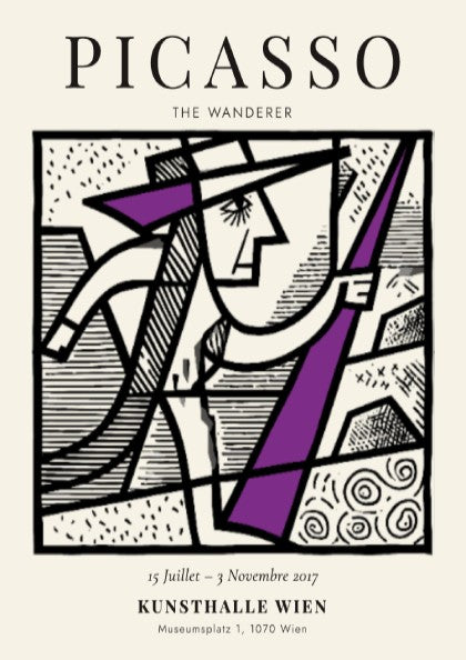 Picasso inspired poster featuring a minimalist figure in bold colors and geometric shapes