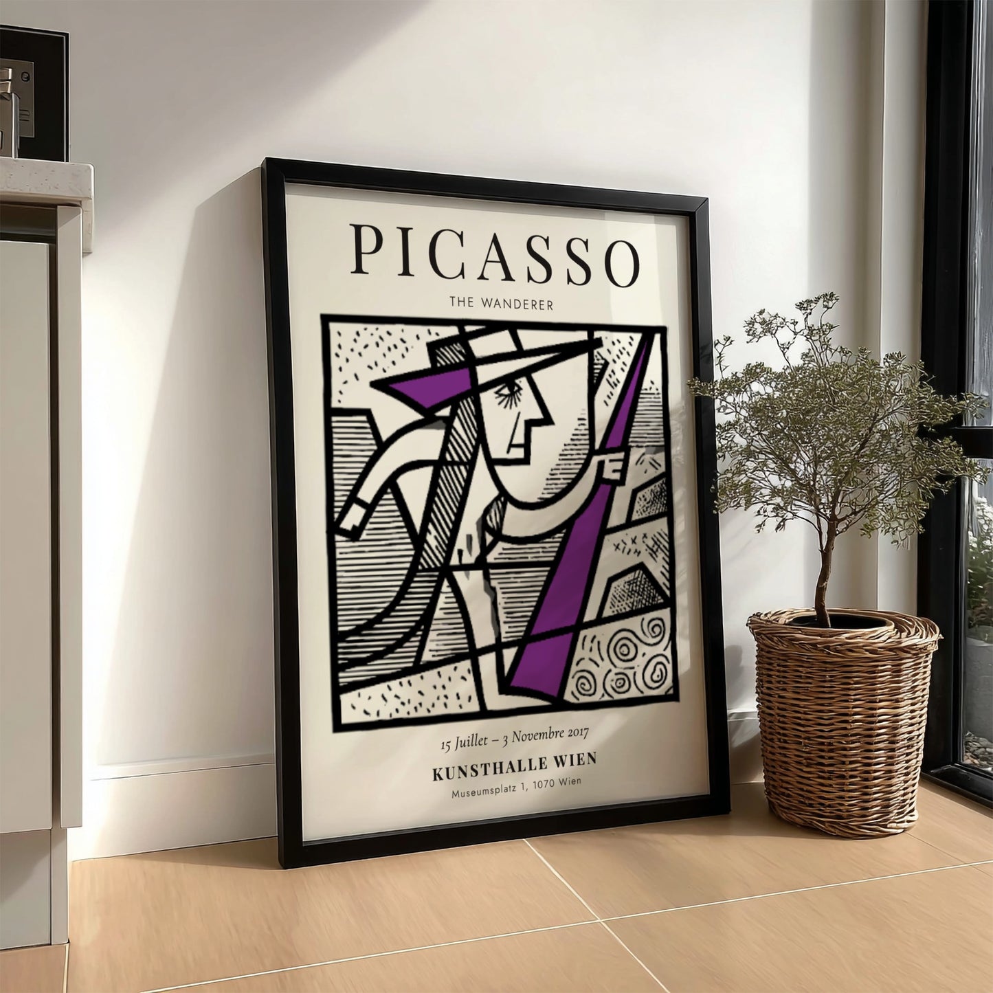 Picasso inspired poster featuring a minimalist figure in bold colors and geometric shapes