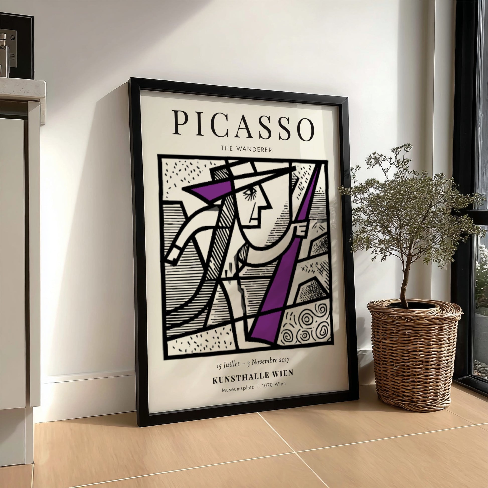 Picasso inspired poster featuring a minimalist figure in bold colors and geometric shapes