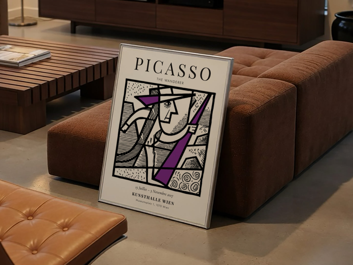 Picasso inspired poster featuring a minimalist figure in bold colors and geometric shapes