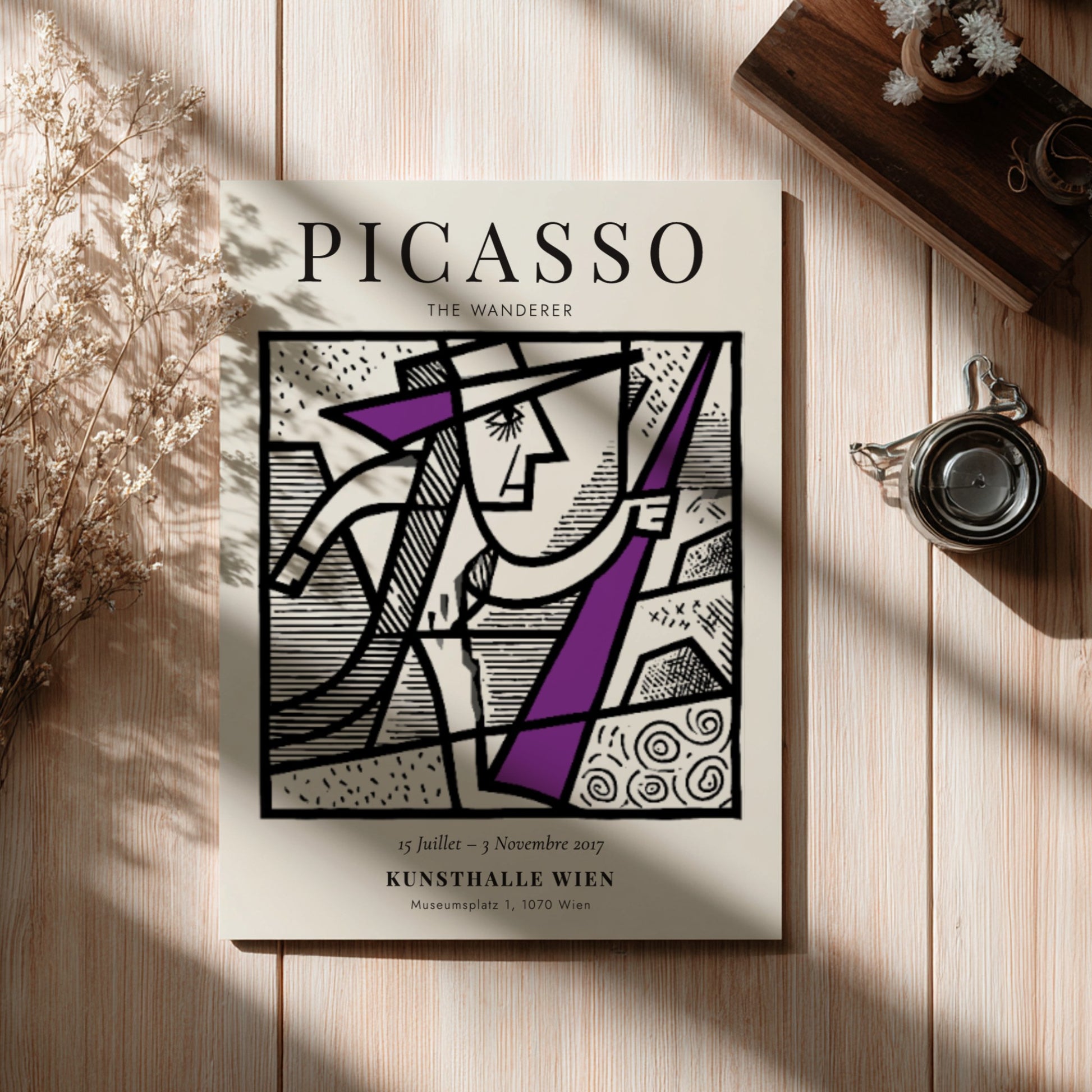 Picasso inspired poster featuring a minimalist figure in bold colors and geometric shapes