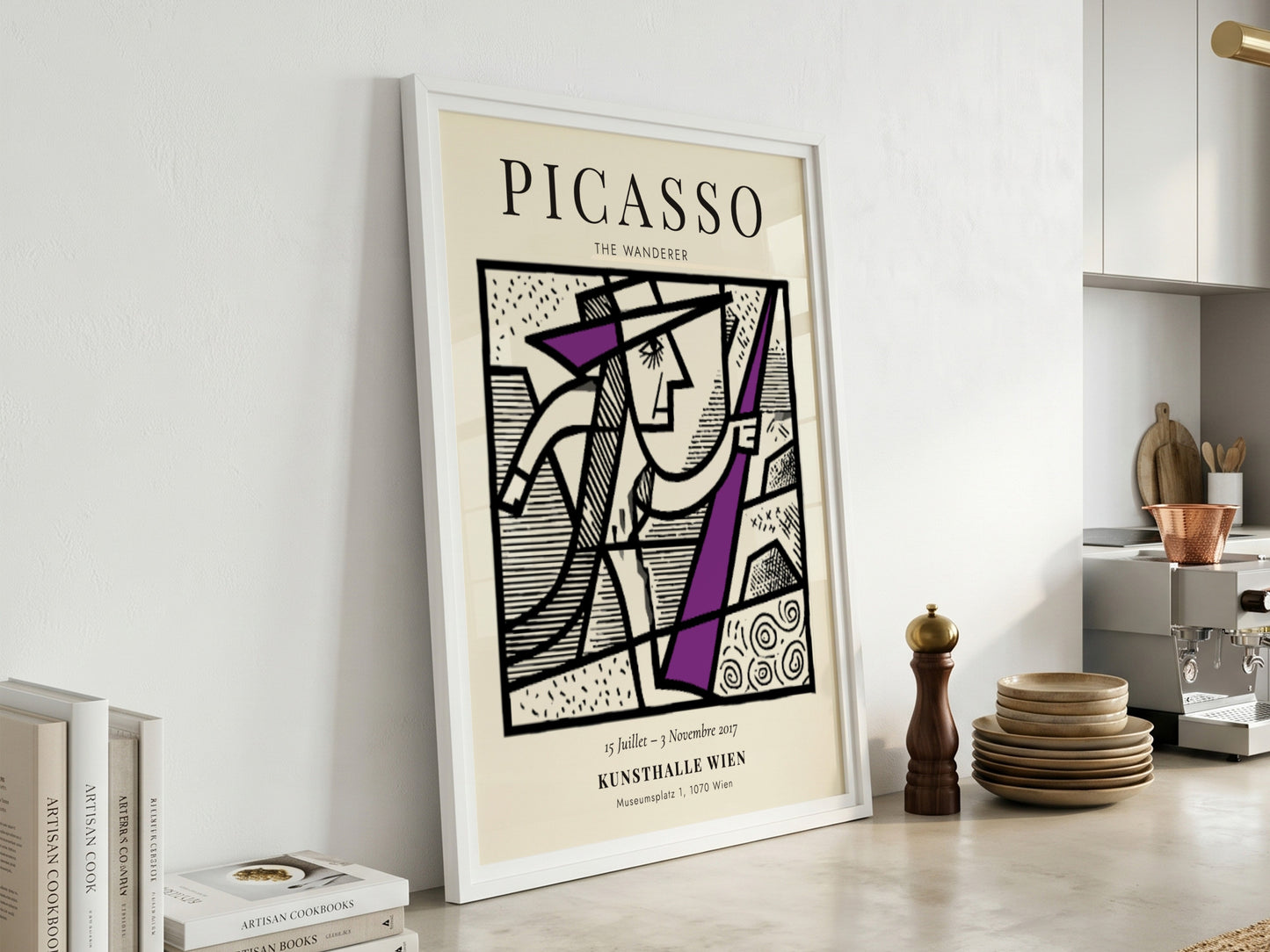 Picasso inspired poster featuring a minimalist figure in bold colors and geometric shapes