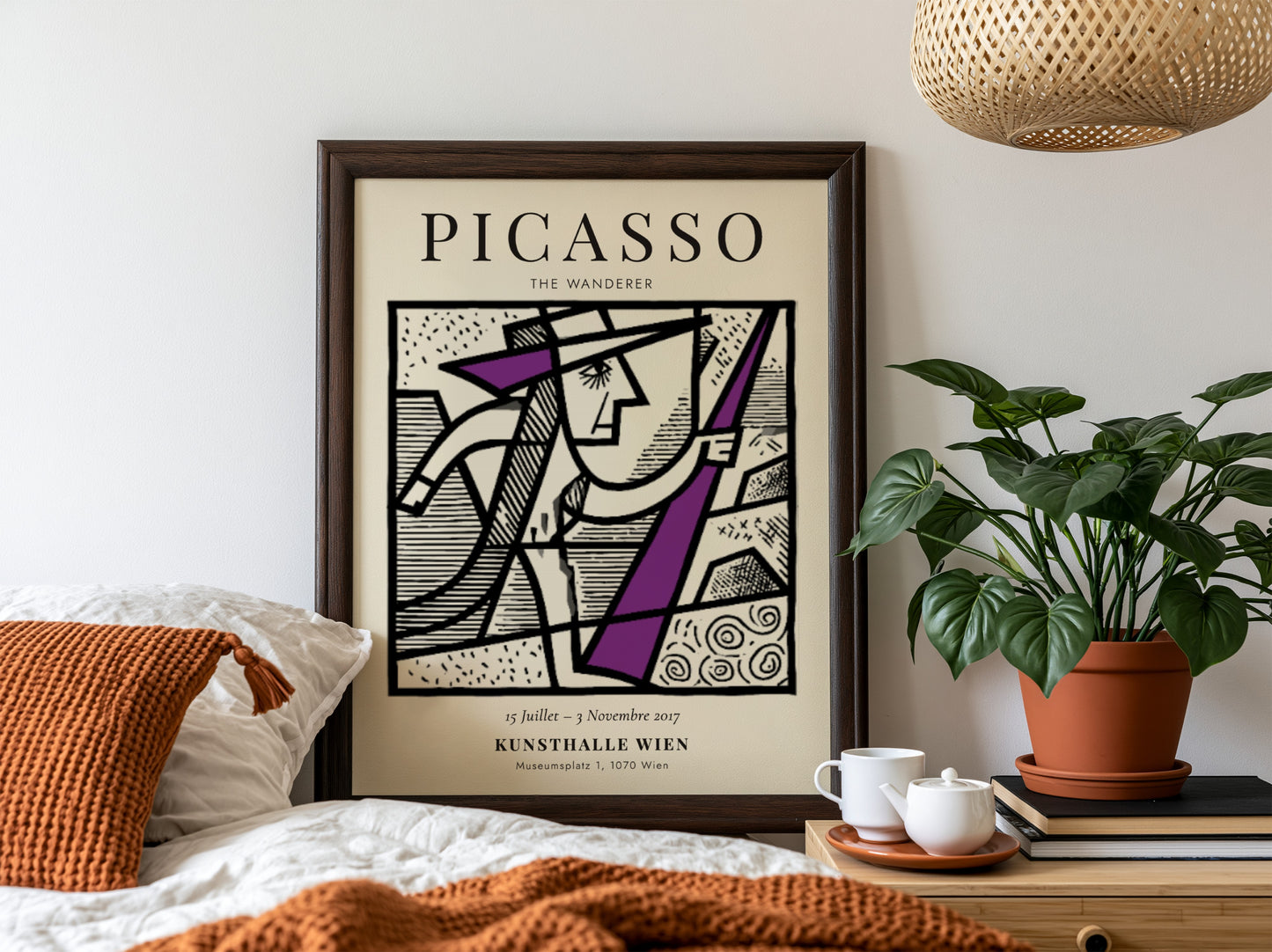 Picasso inspired poster featuring a minimalist figure in bold colors and geometric shapes