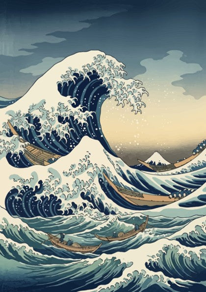 Poster featuring the Great Wave at Kanagawa with deep blue ocean waves and boats.