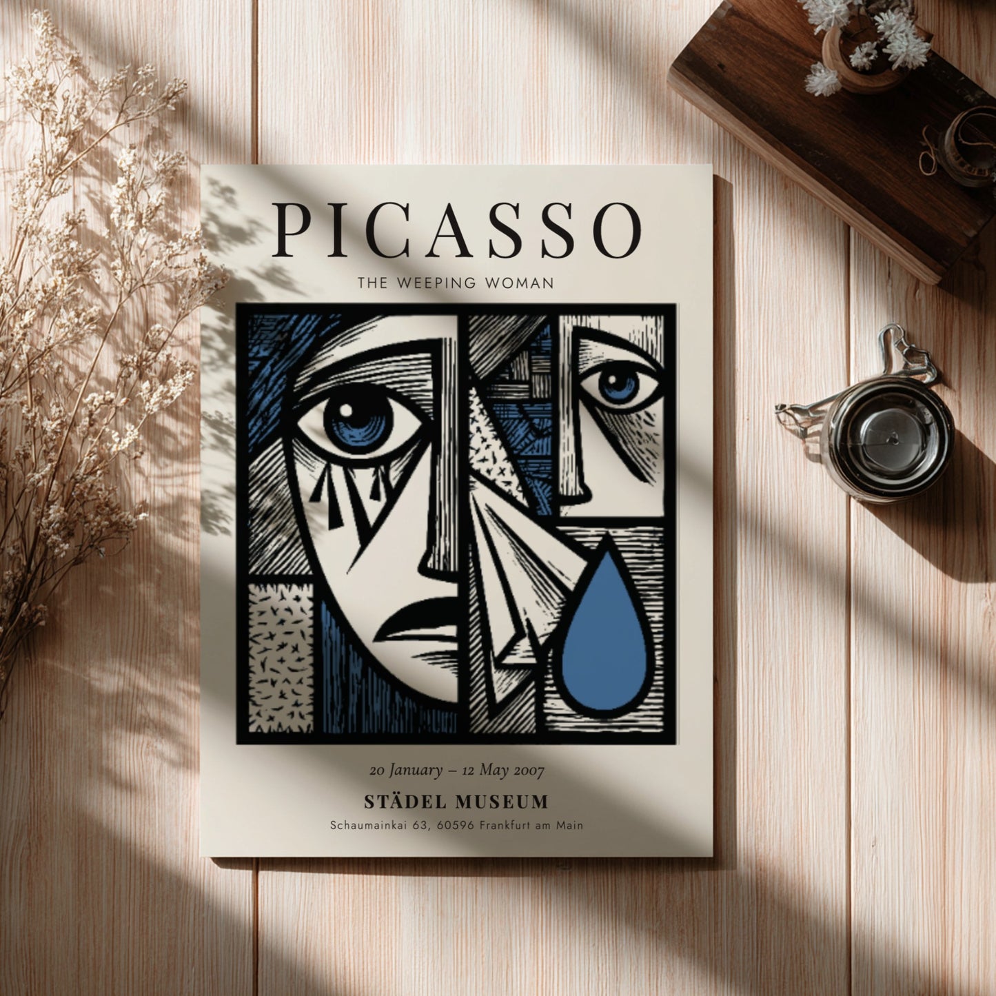 Picasso inspired poster featuring The Weeping Woman in bold colors and cubist style