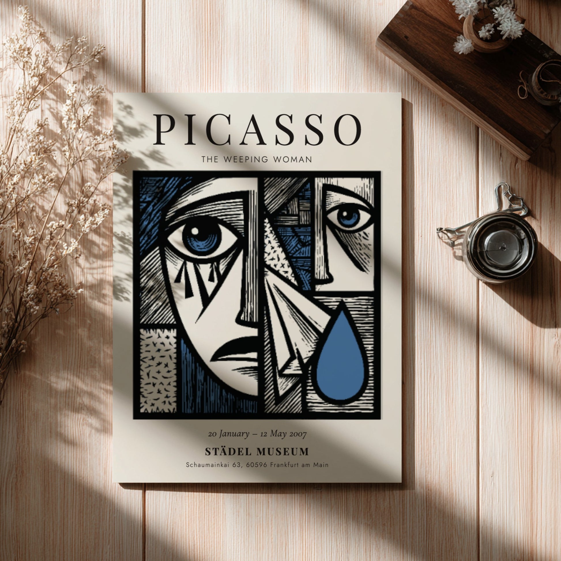 Picasso inspired poster featuring The Weeping Woman in bold colors and cubist style
