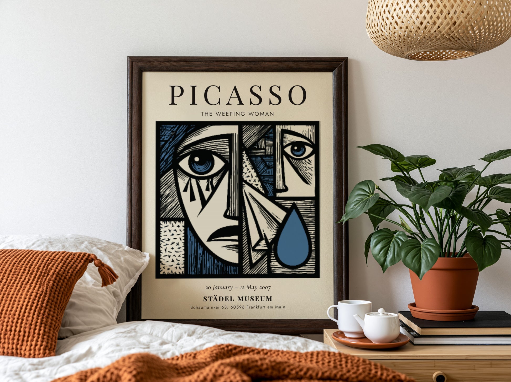 Picasso inspired poster featuring The Weeping Woman in bold colors and cubist style