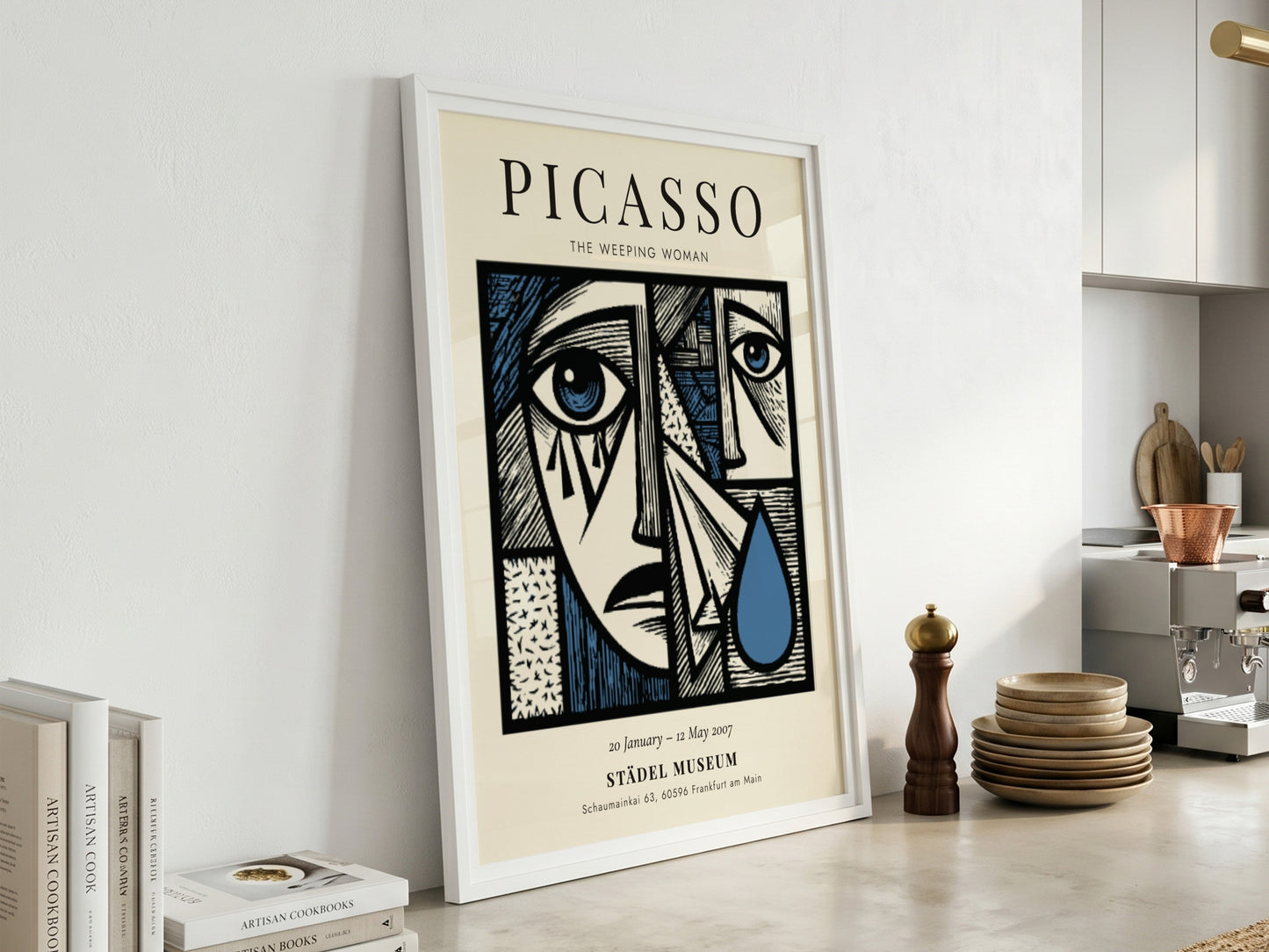 Picasso inspired poster featuring The Weeping Woman in bold colors and cubist style