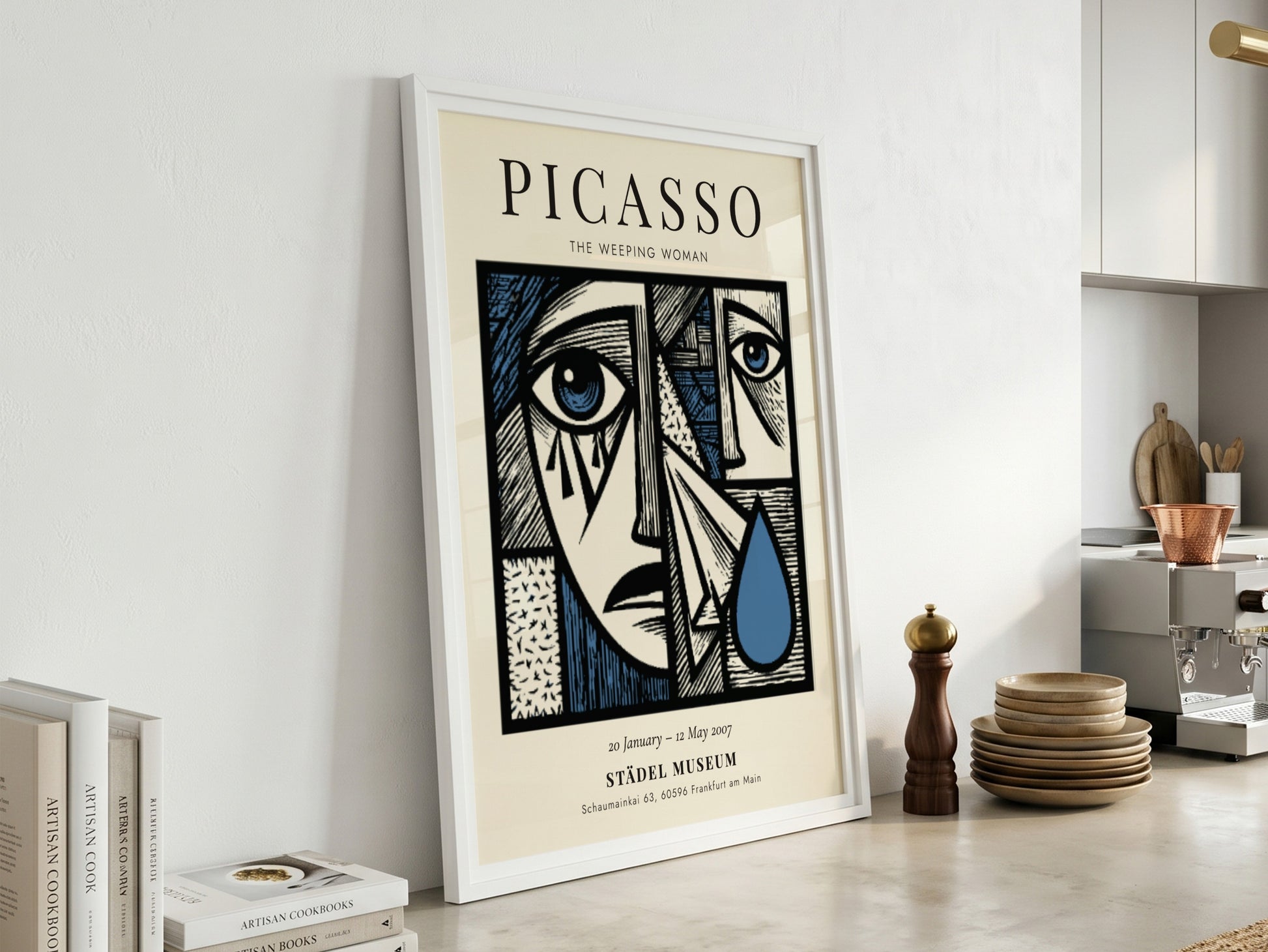 Picasso inspired poster featuring The Weeping Woman in bold colors and cubist style
