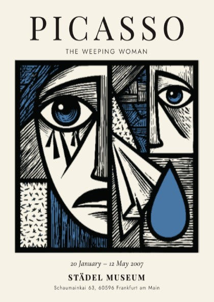 Picasso inspired poster featuring The Weeping Woman in bold colors and cubist style