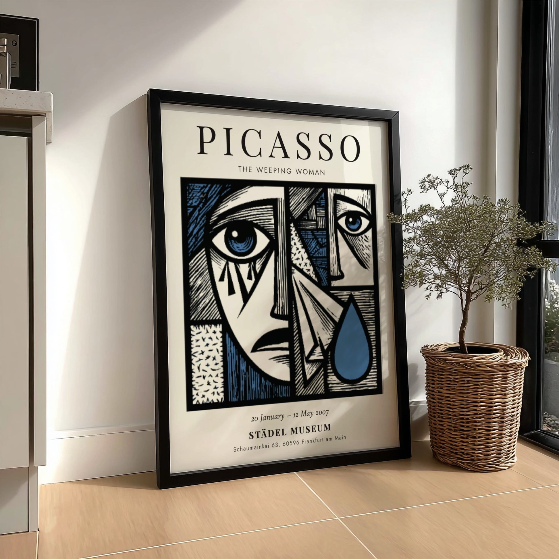 Picasso inspired poster featuring The Weeping Woman in bold colors and cubist style