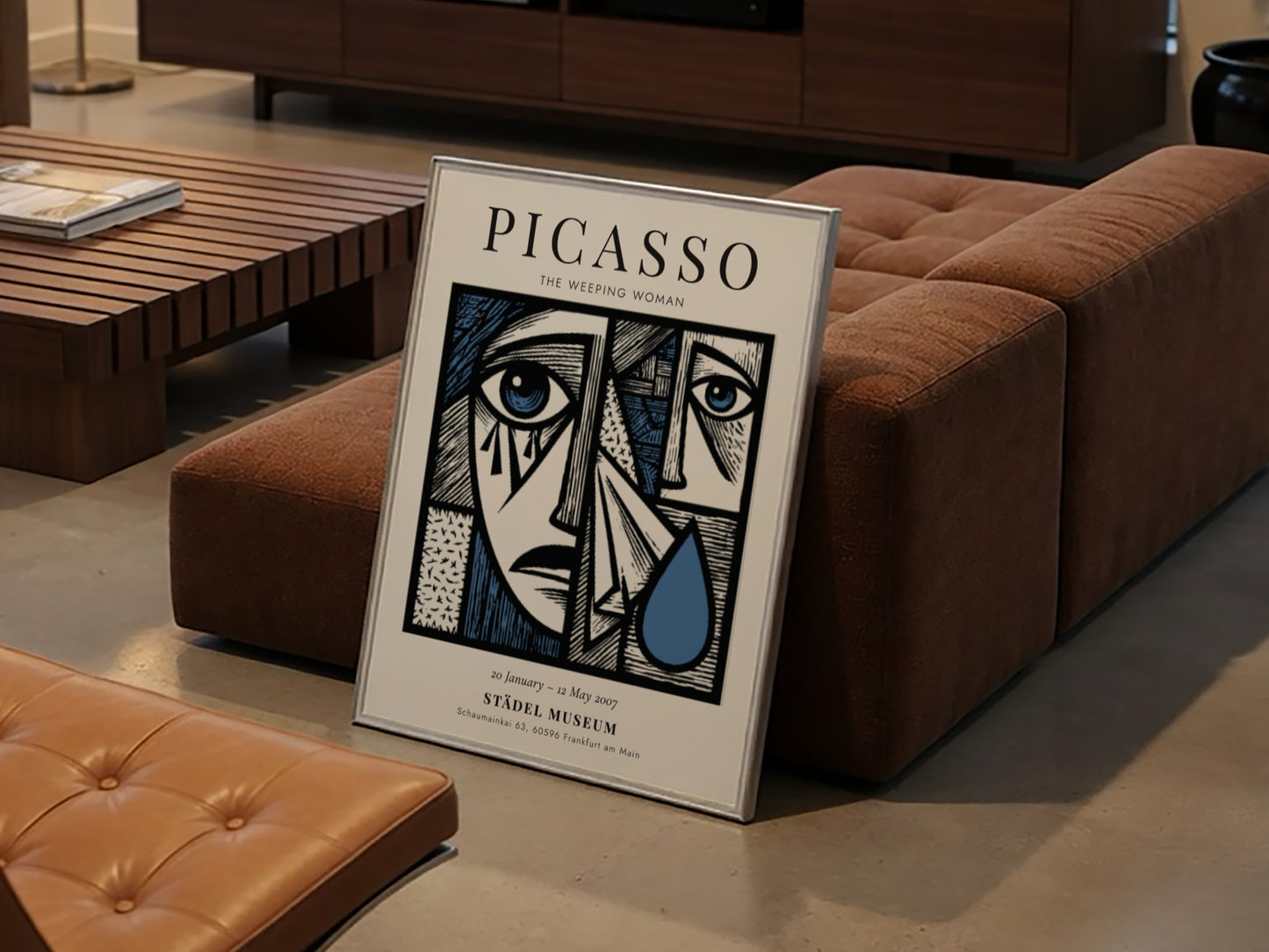 Picasso inspired poster featuring The Weeping Woman in bold colors and cubist style