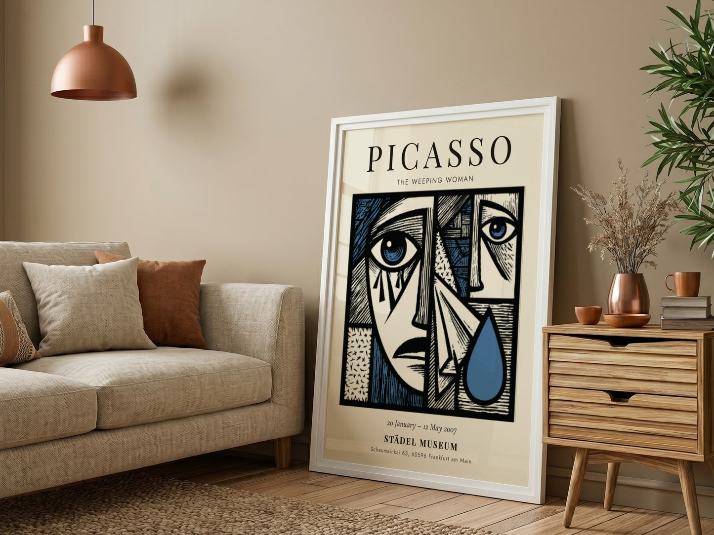 Picasso inspired poster featuring The Weeping Woman in bold colors and cubist style