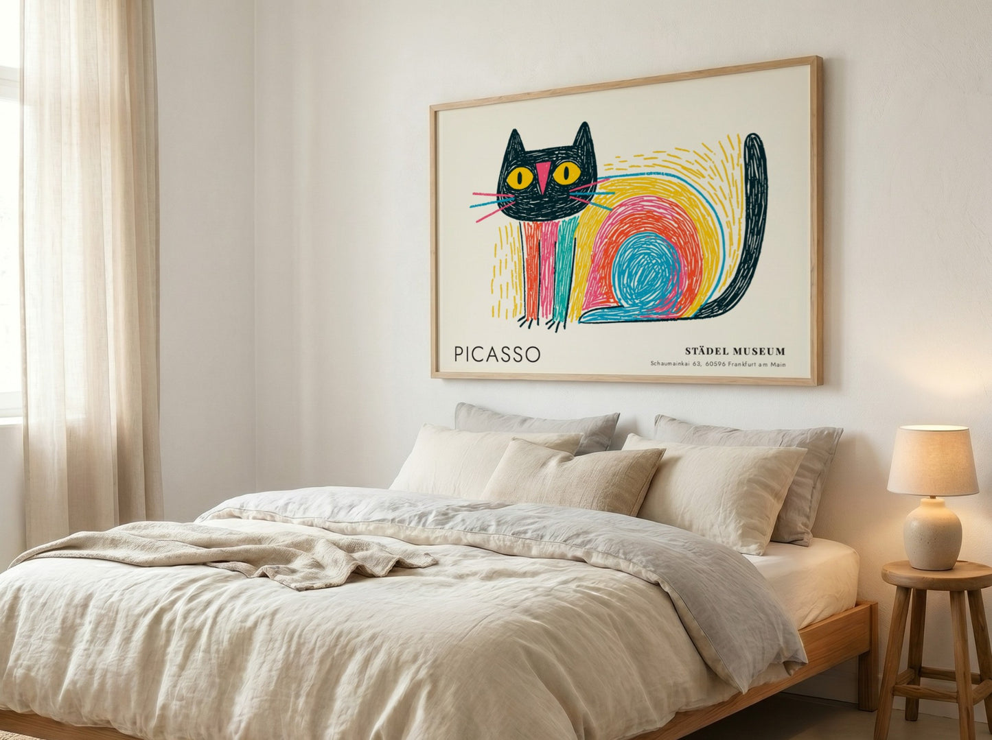 Wall art print featuring a colorful cat design by Picasso with bold lines and vibrant colors