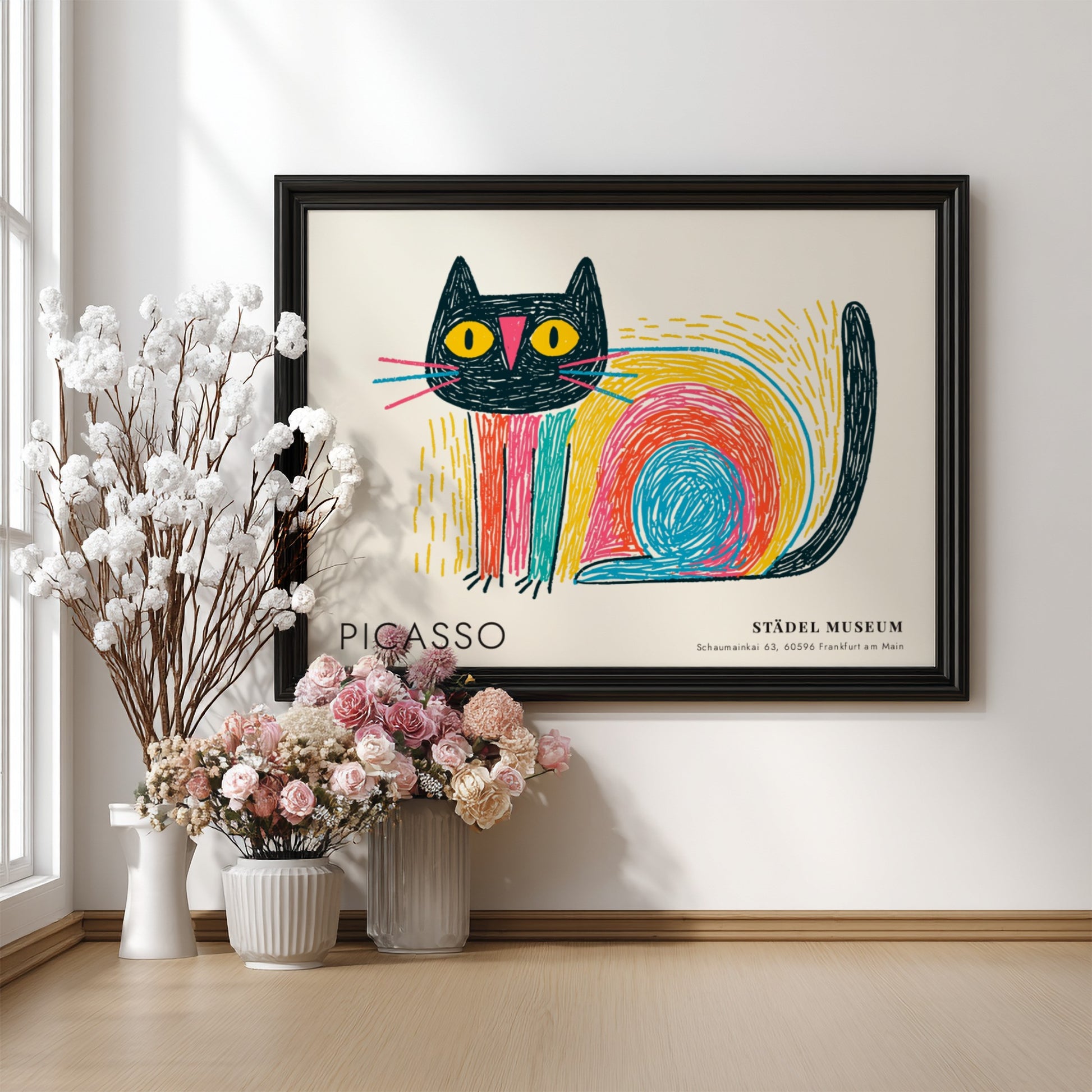 Wall art print featuring a colorful cat design by Picasso with bold lines and vibrant colors