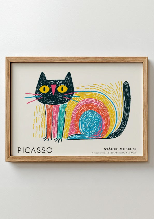 Wall art print featuring a colorful cat design by Picasso with bold lines and vibrant colors