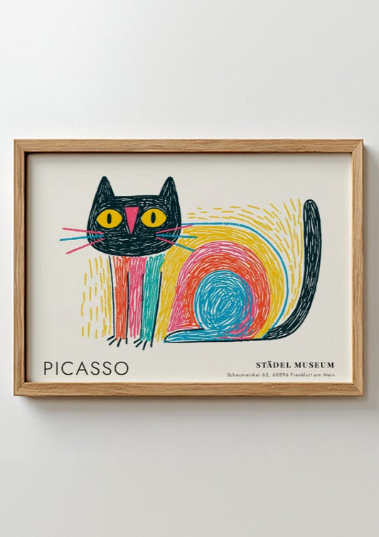 Wall art print featuring a colorful cat design by Picasso with bold lines and vibrant colors