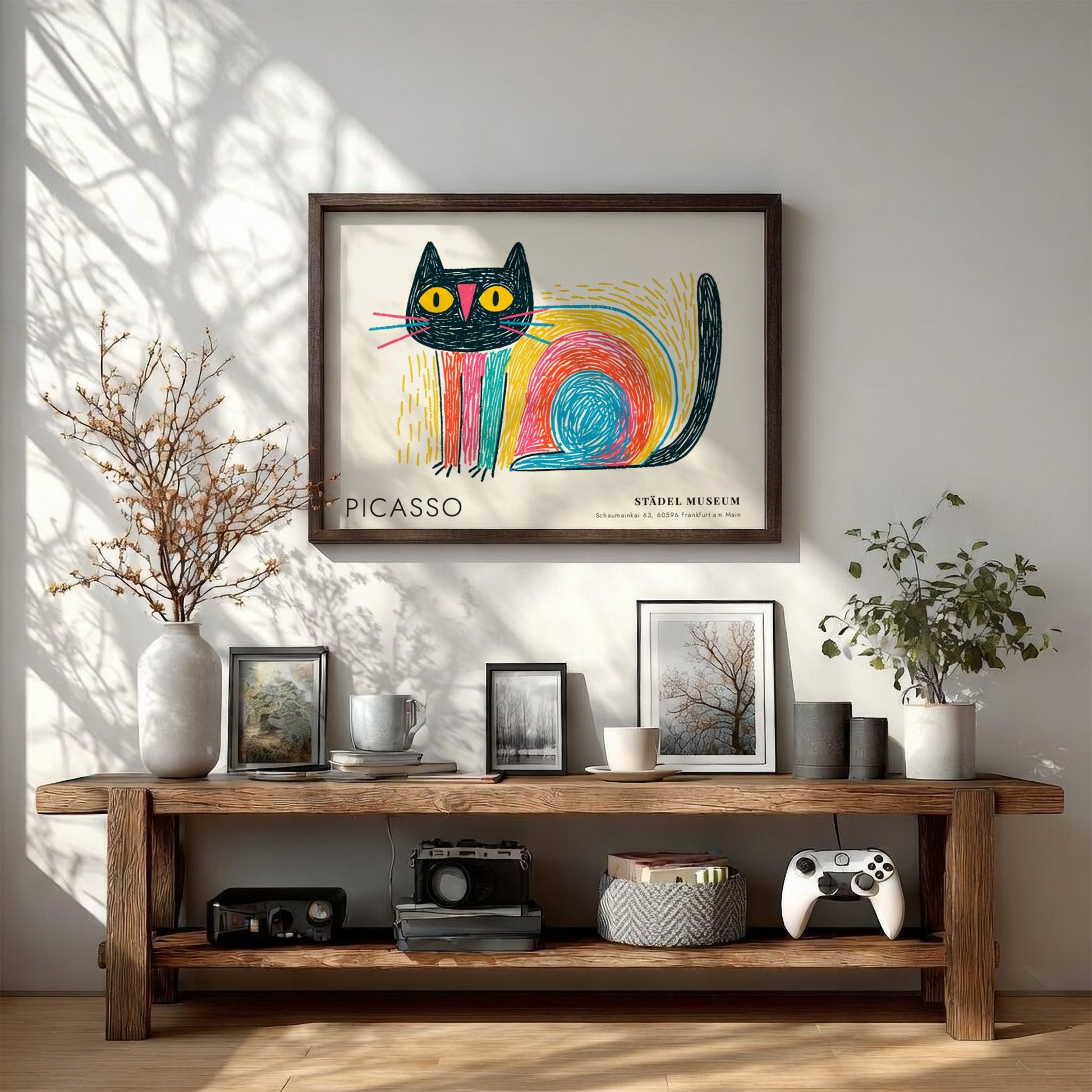 Wall art print featuring a colorful cat design by Picasso with bold lines and vibrant colors