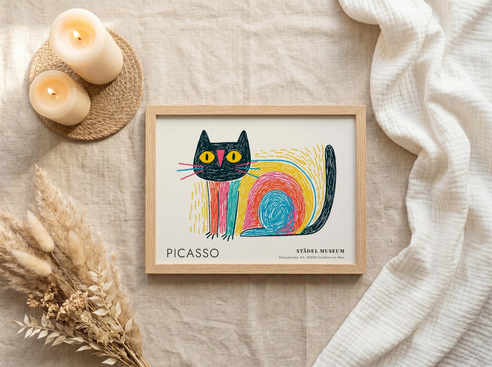 Wall art print featuring a colorful cat design by Picasso with bold lines and vibrant colors