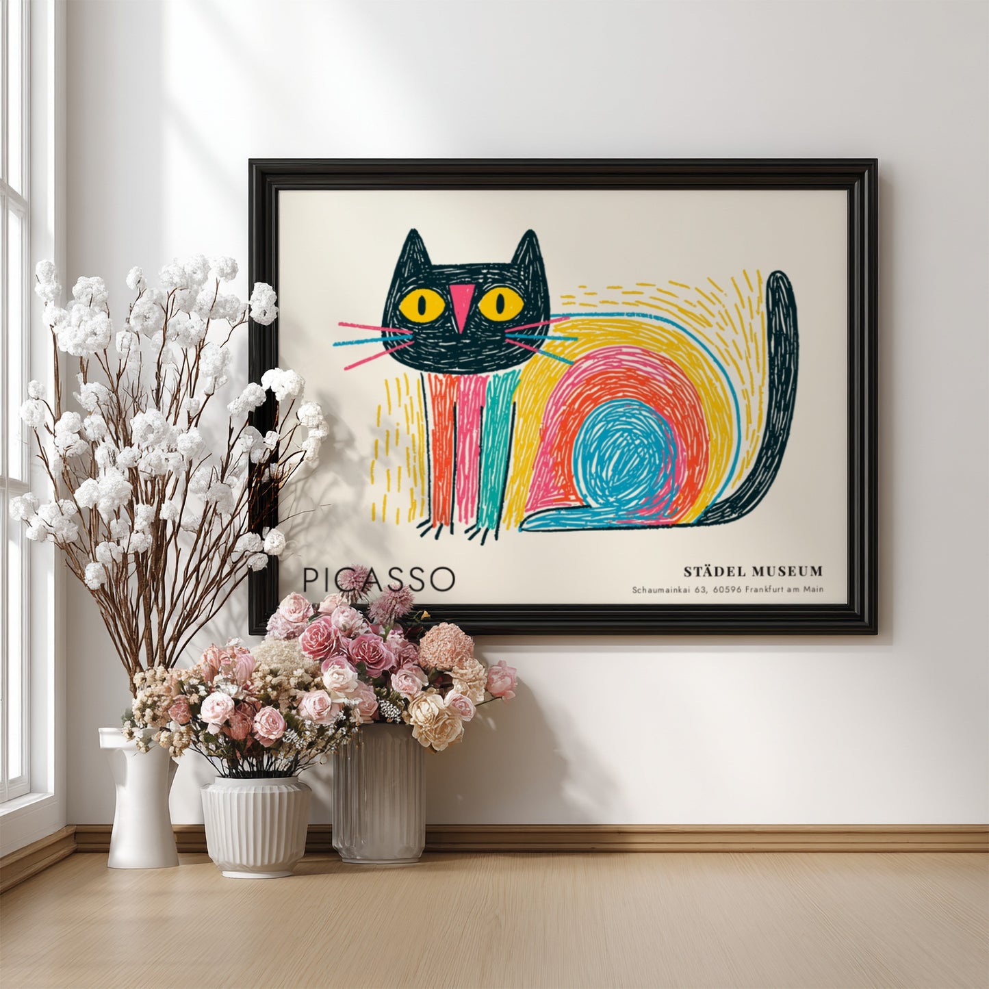 Pablo Picasso poster featuring a colorful cat with bold lines and vibrant colors