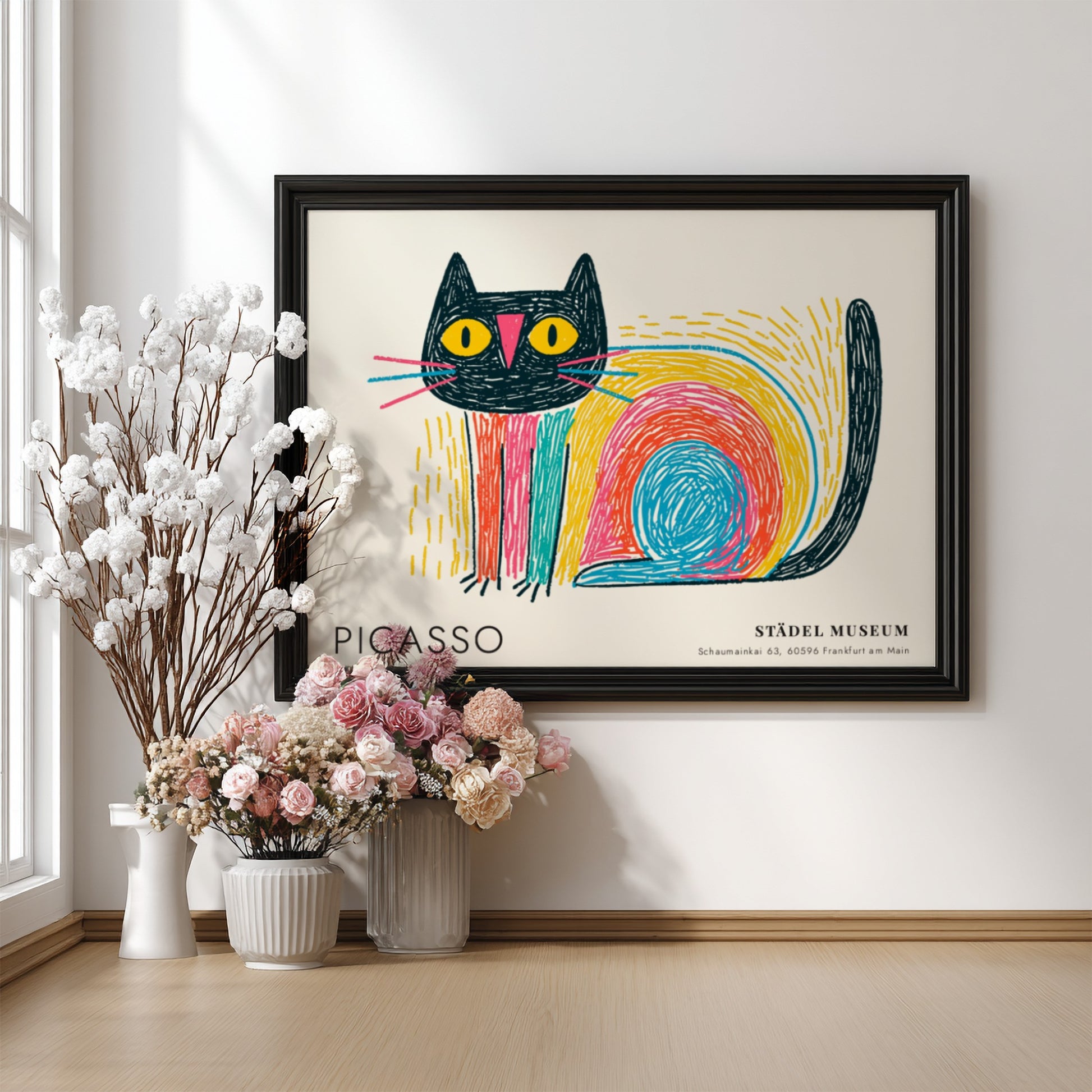 Pablo Picasso poster featuring a colorful cat with bold lines and vibrant colors