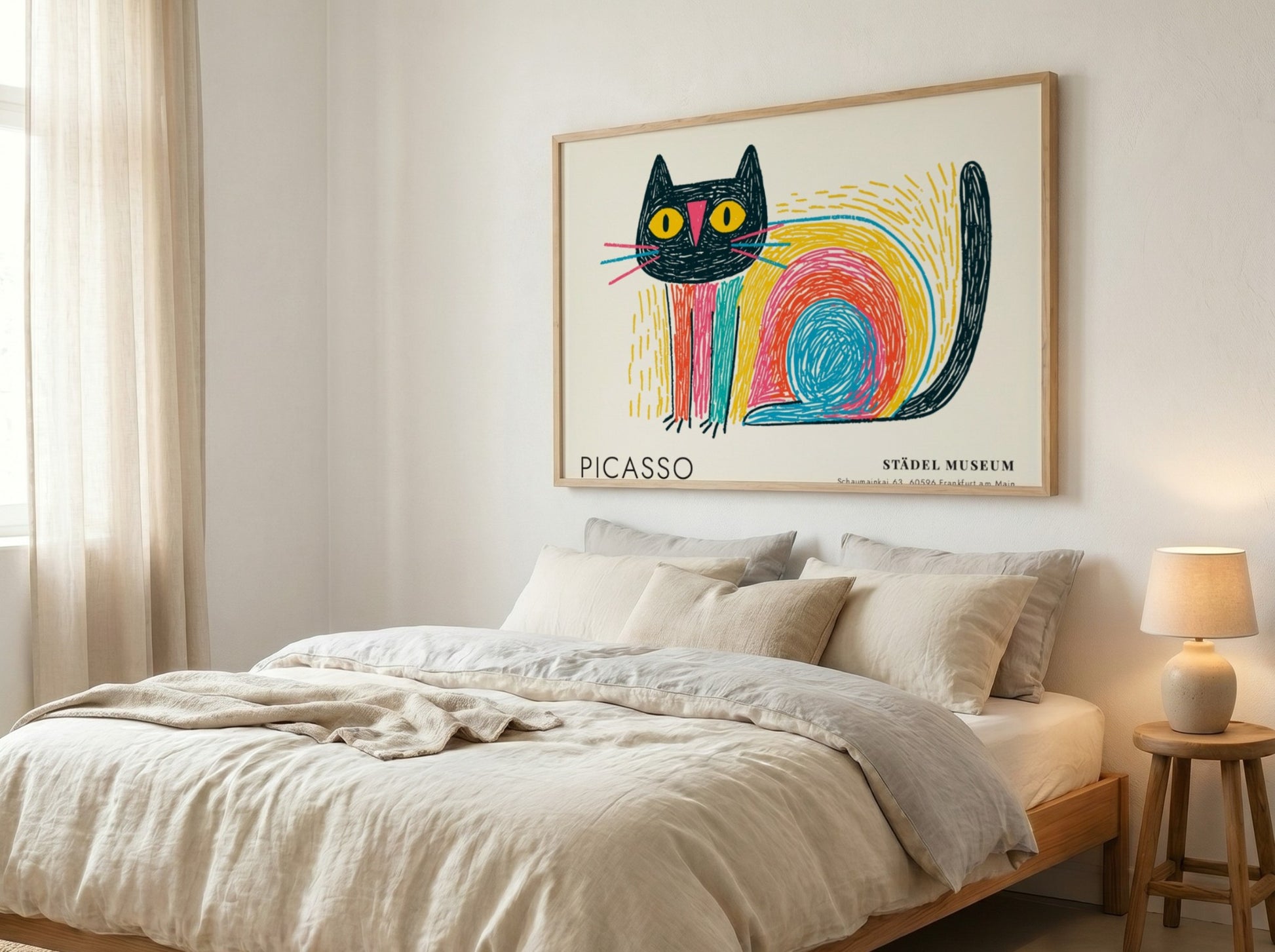 Pablo Picasso poster featuring a colorful cat with bold lines and vibrant colors