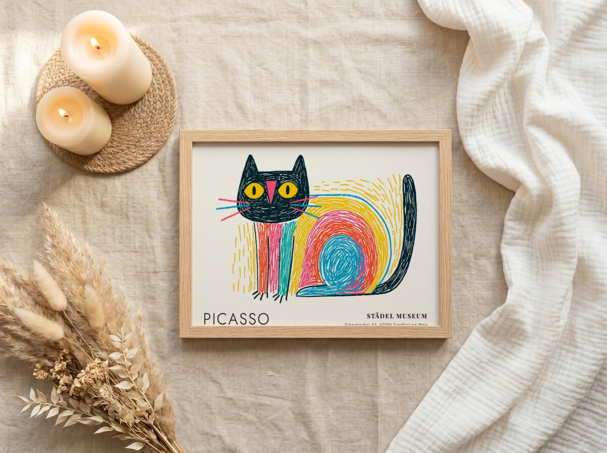 Pablo Picasso poster featuring a colorful cat with bold lines and vibrant colors