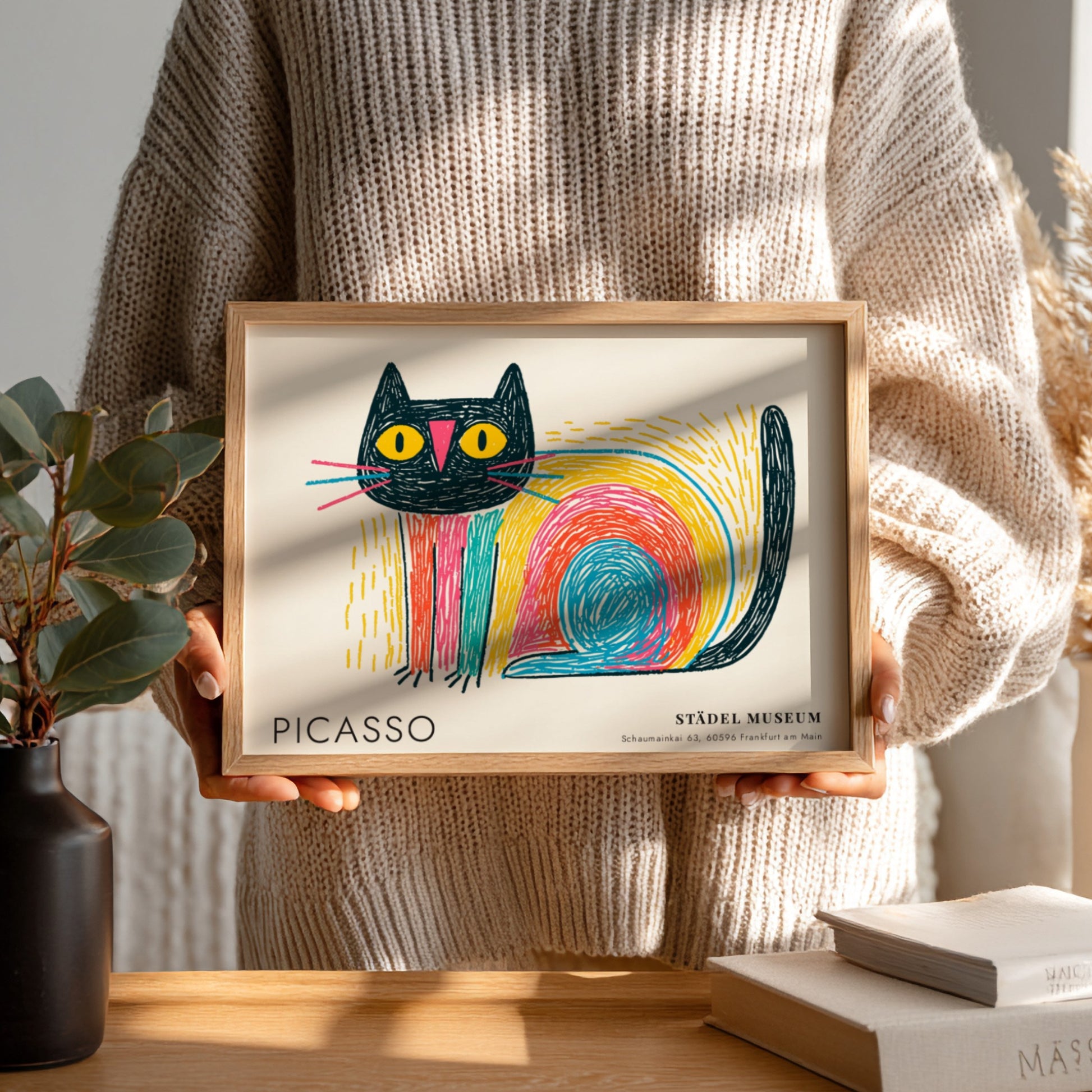 Pablo Picasso poster featuring a colorful cat with bold lines and vibrant colors