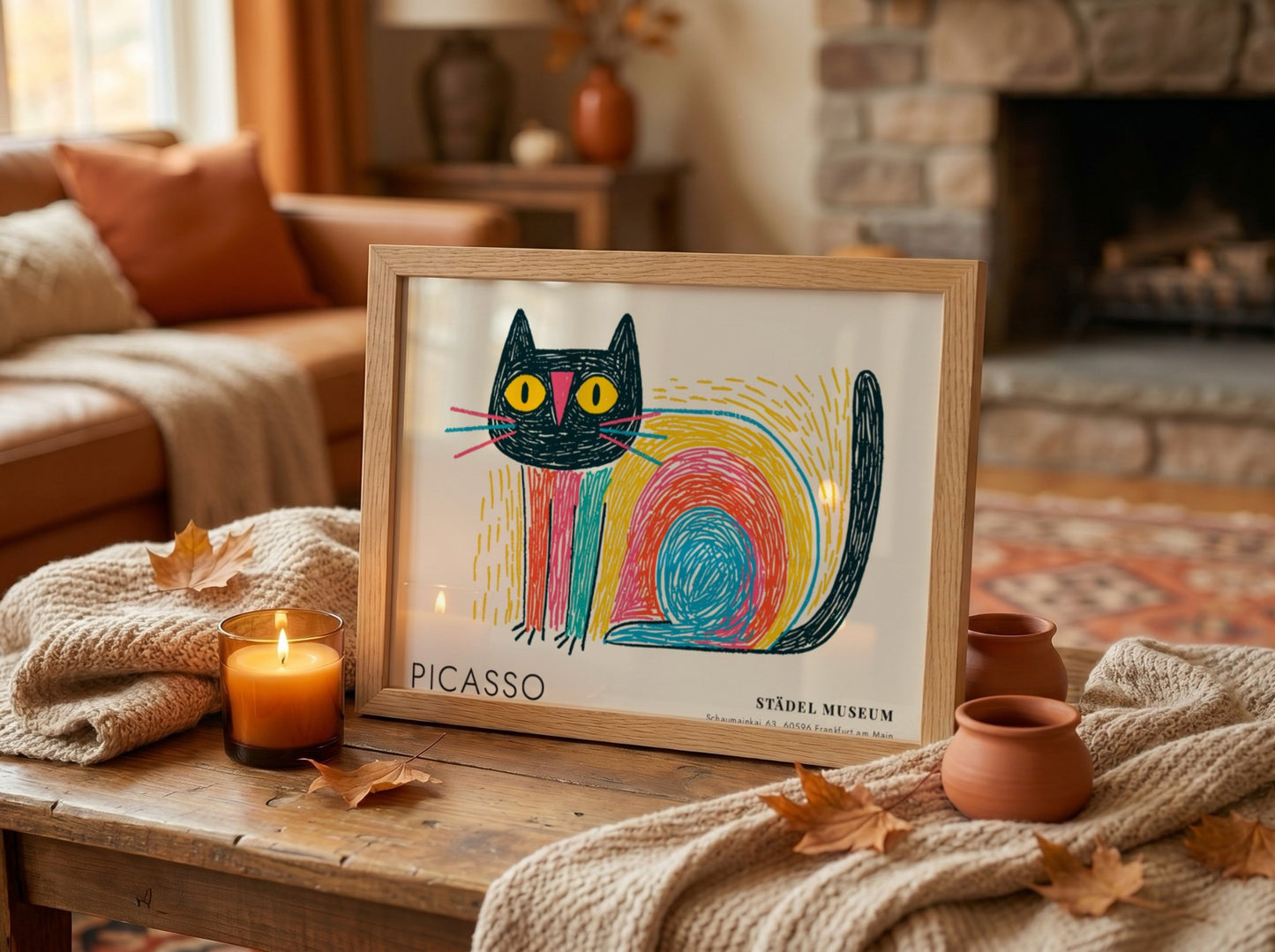 Pablo Picasso poster featuring a colorful cat with bold lines and vibrant colors