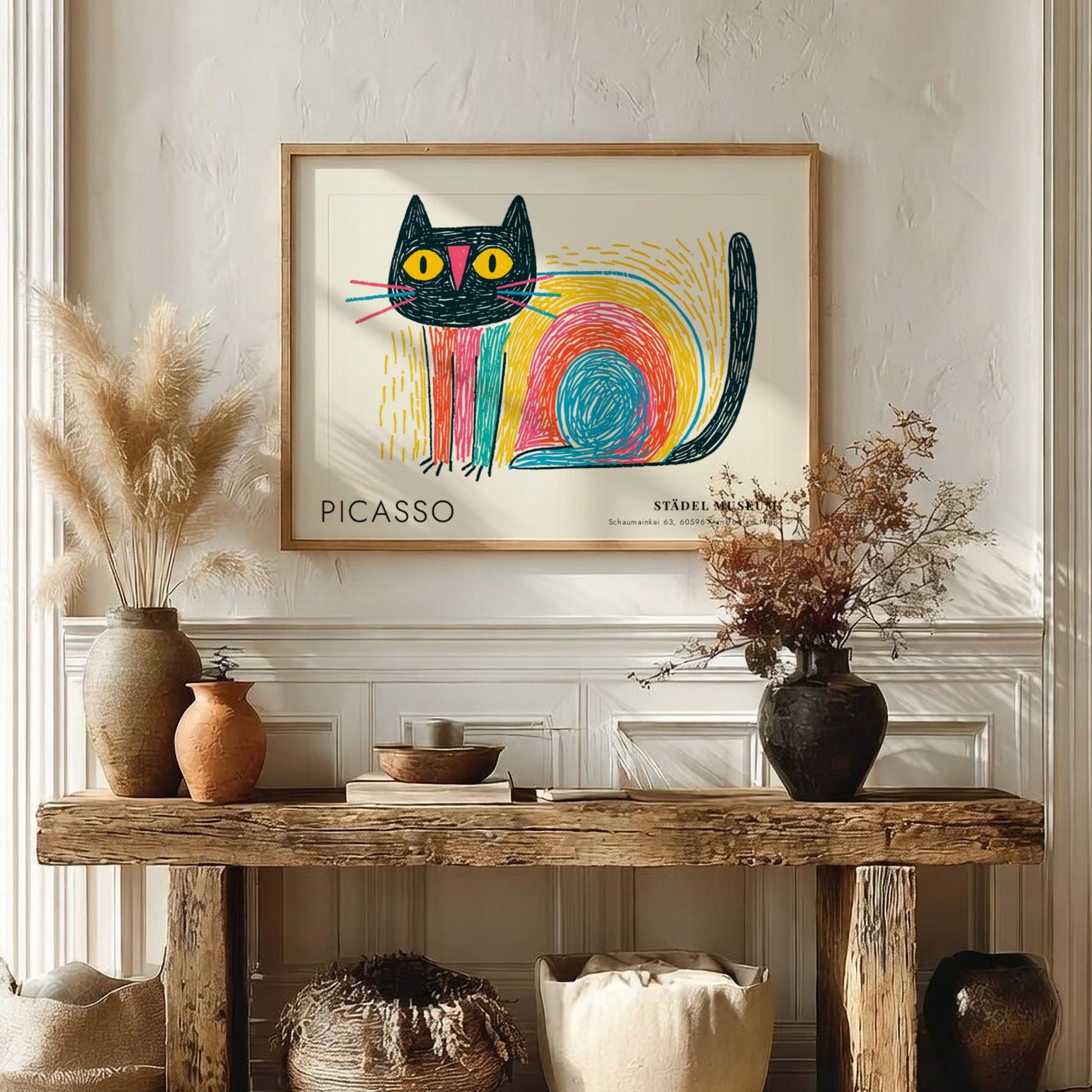 Wall art print featuring a colorful cat design by Picasso with bold lines and vibrant colors