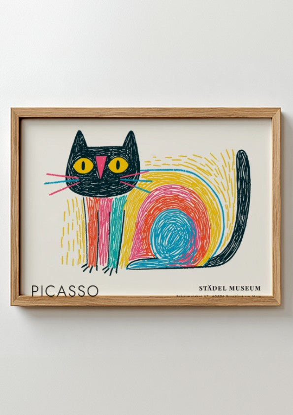 Pablo Picasso poster featuring a colorful cat with bold lines and vibrant colors