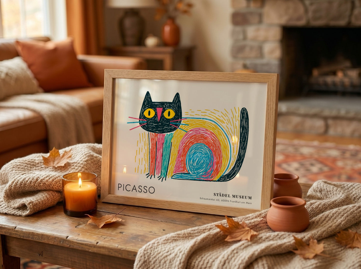 Wall art print featuring a colorful cat design by Picasso with bold lines and vibrant colors