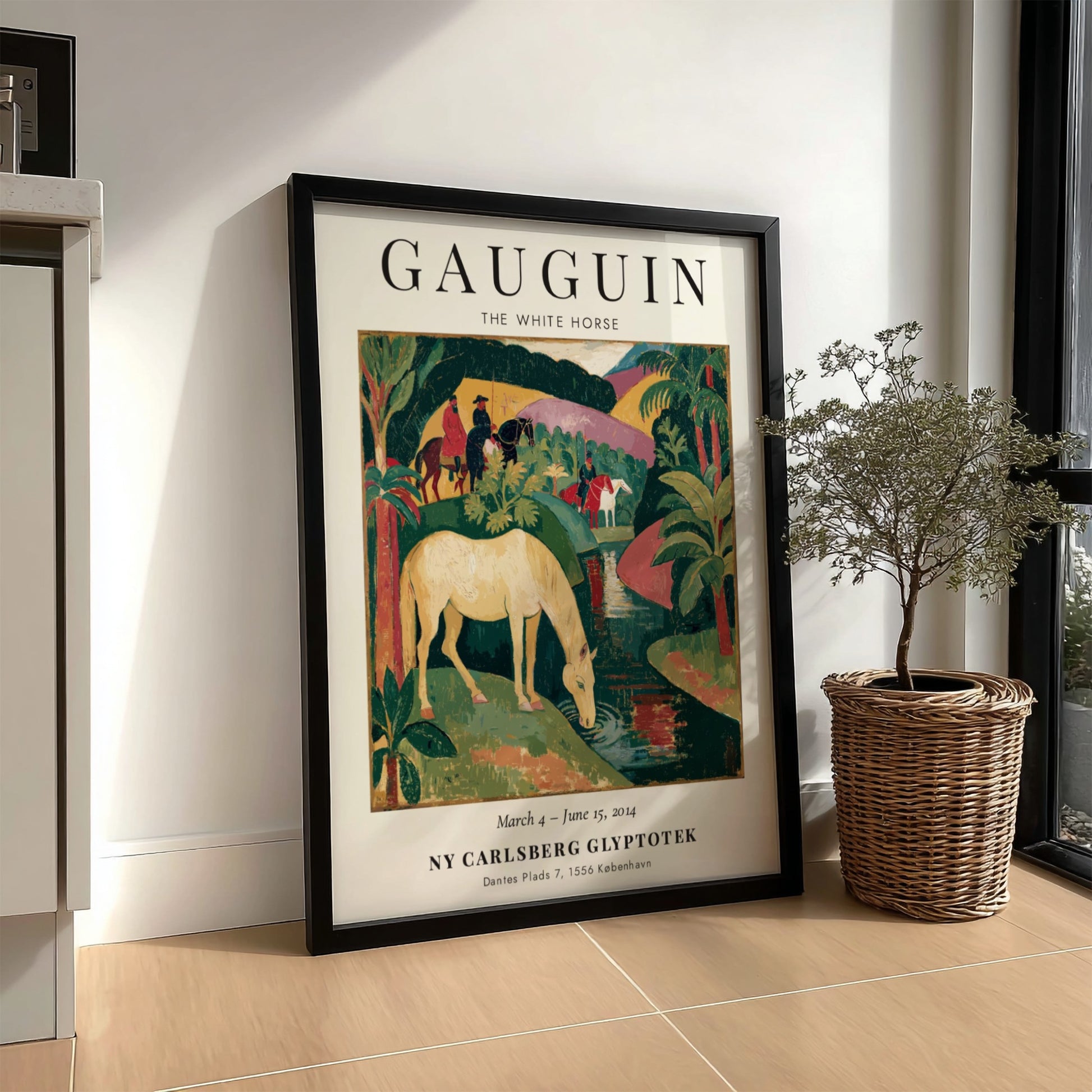 Gauguin exhibition poster featuring The White Horse in vibrant colors and lush landscape