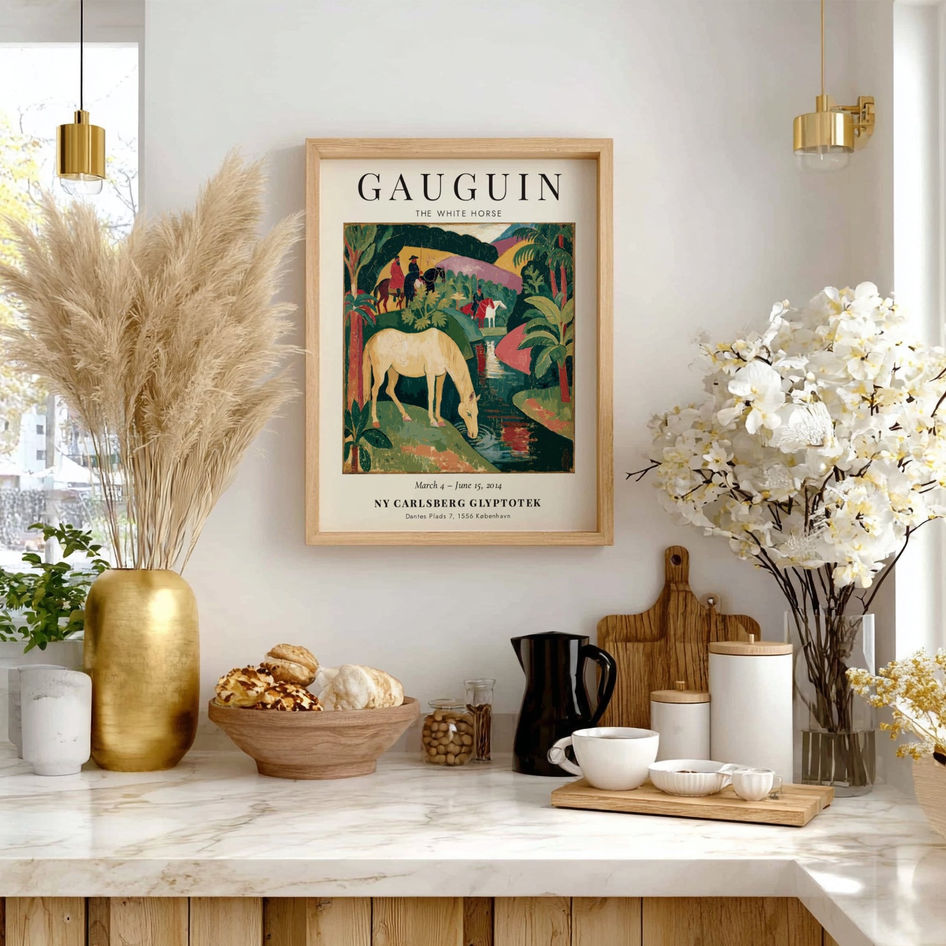 Gauguin exhibition poster featuring The White Horse in vibrant colors and lush landscape