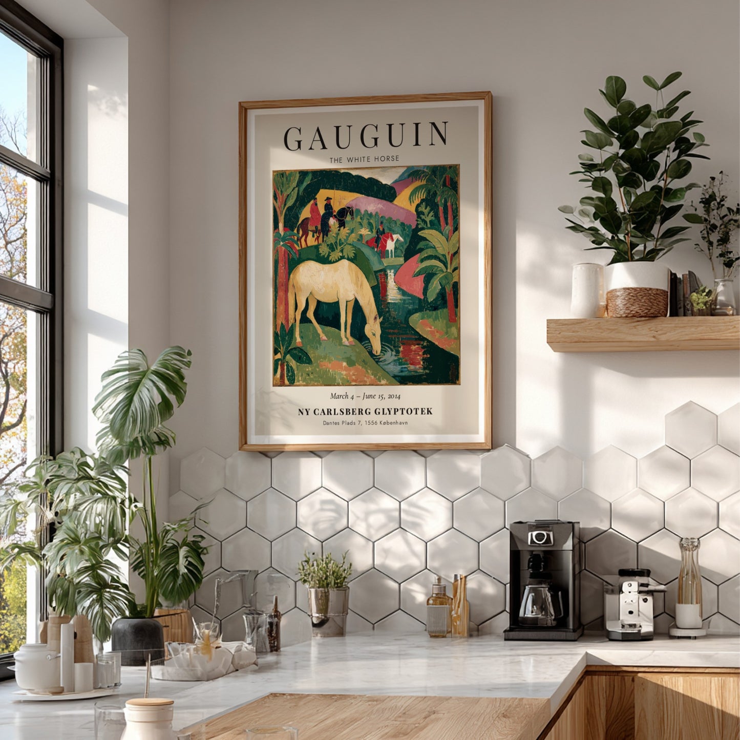 Gauguin exhibition poster featuring The White Horse in vibrant colors and lush landscape