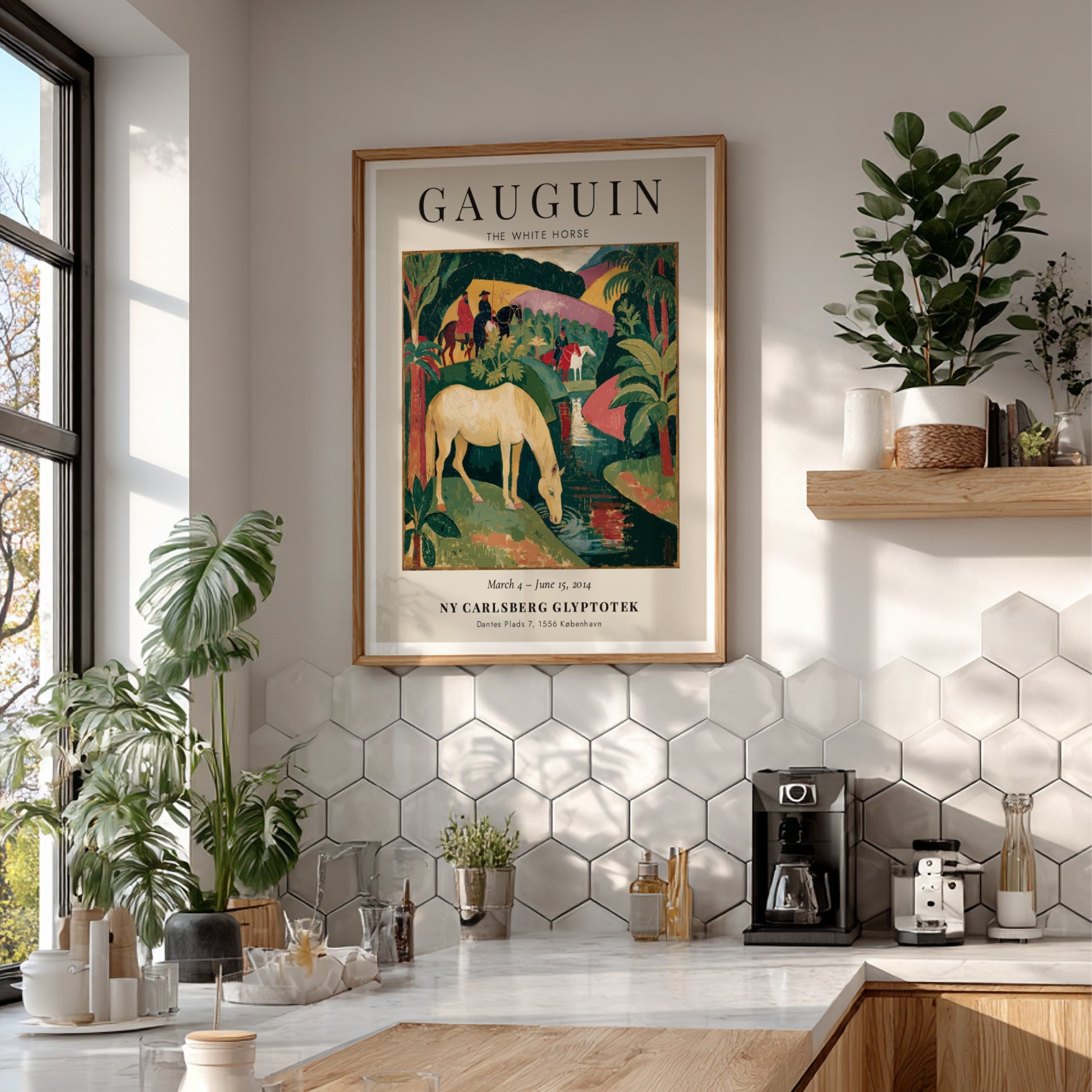 Gauguin exhibition poster featuring The White Horse in vibrant colors and lush landscape