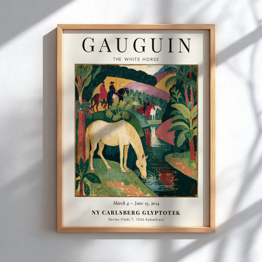 Gauguin exhibition poster featuring The White Horse in vibrant colors and lush landscape