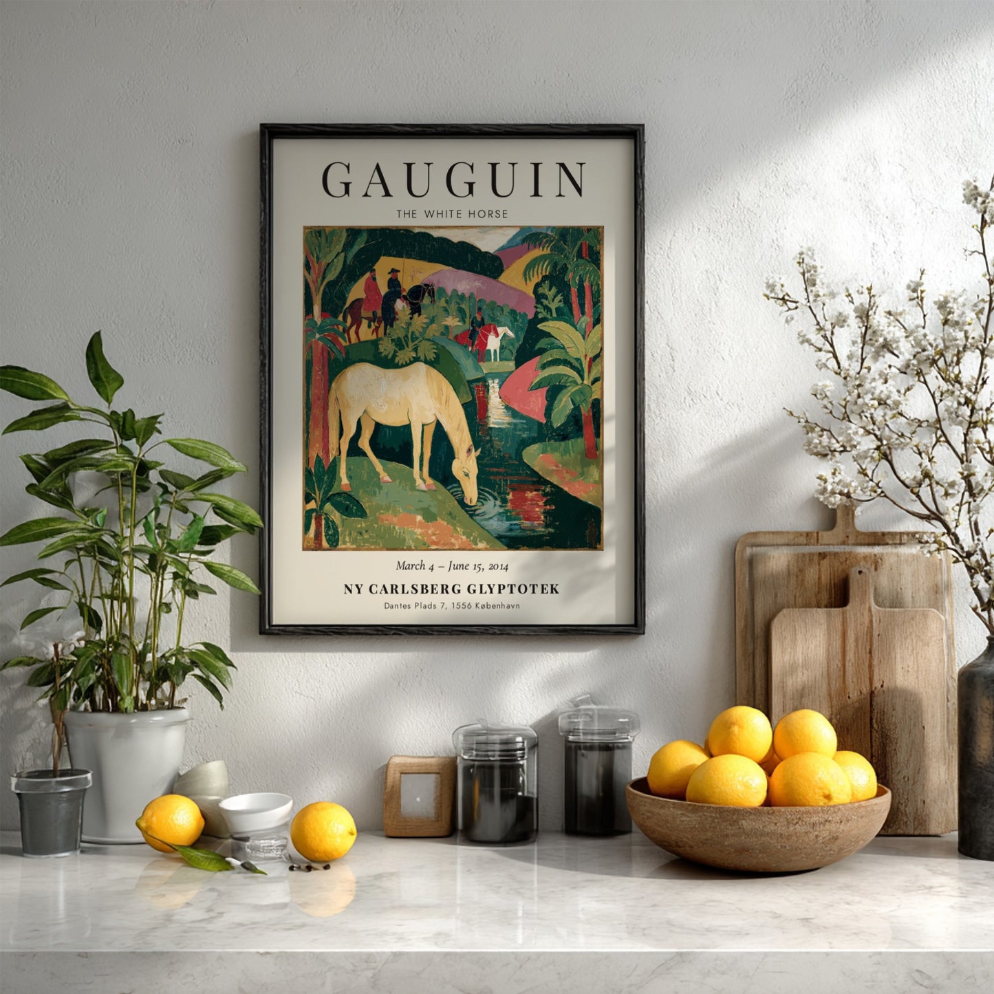 Gauguin exhibition poster featuring The White Horse in vibrant colors and lush landscape