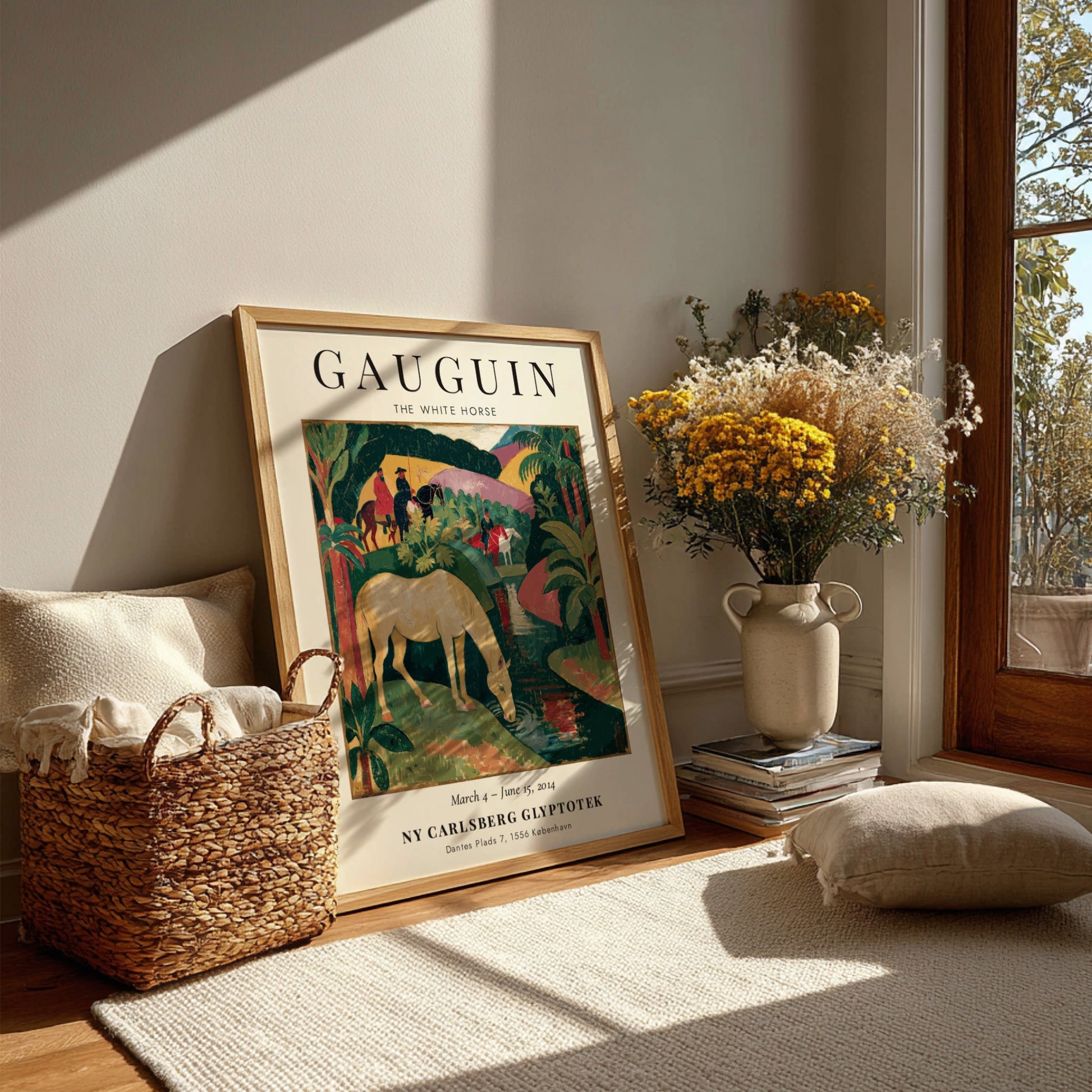 Gauguin exhibition poster featuring The White Horse in vibrant colors and lush landscape
