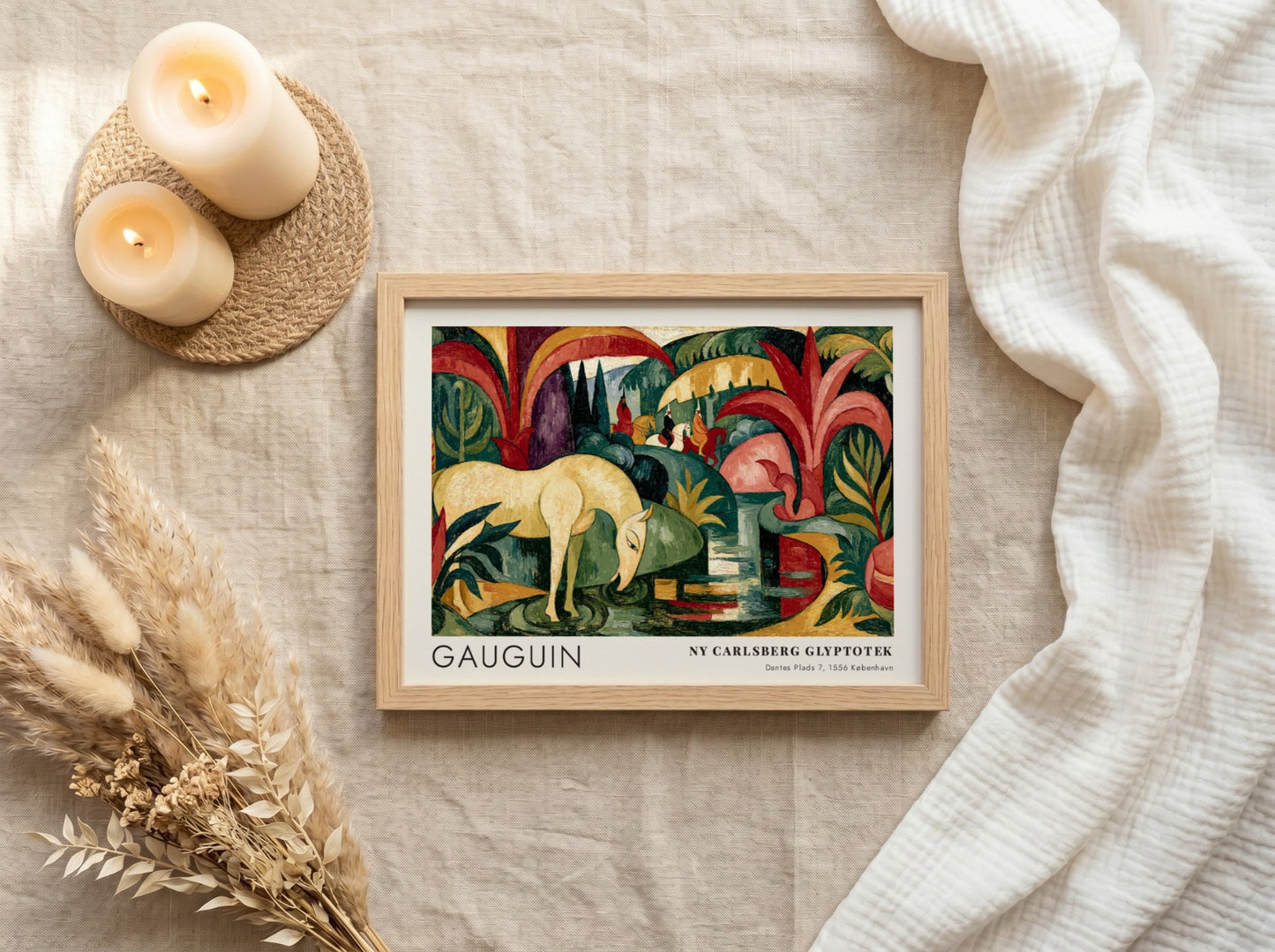Wall art poster featuring Gauguin The White Horse painting with forest green tropical foliage.